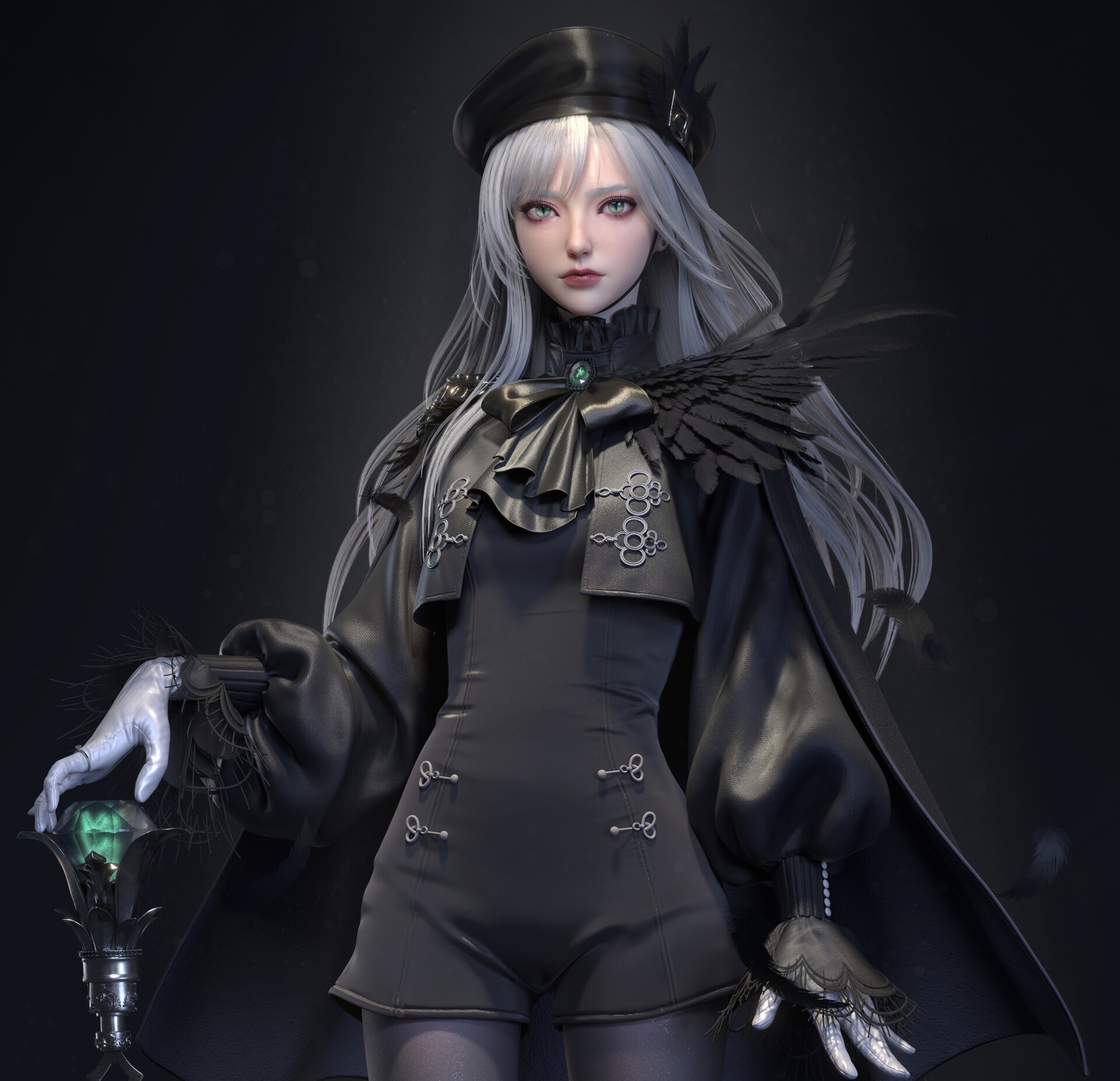 Fantasy girl with white hair and black outfit holding a staff HD Wallpaper