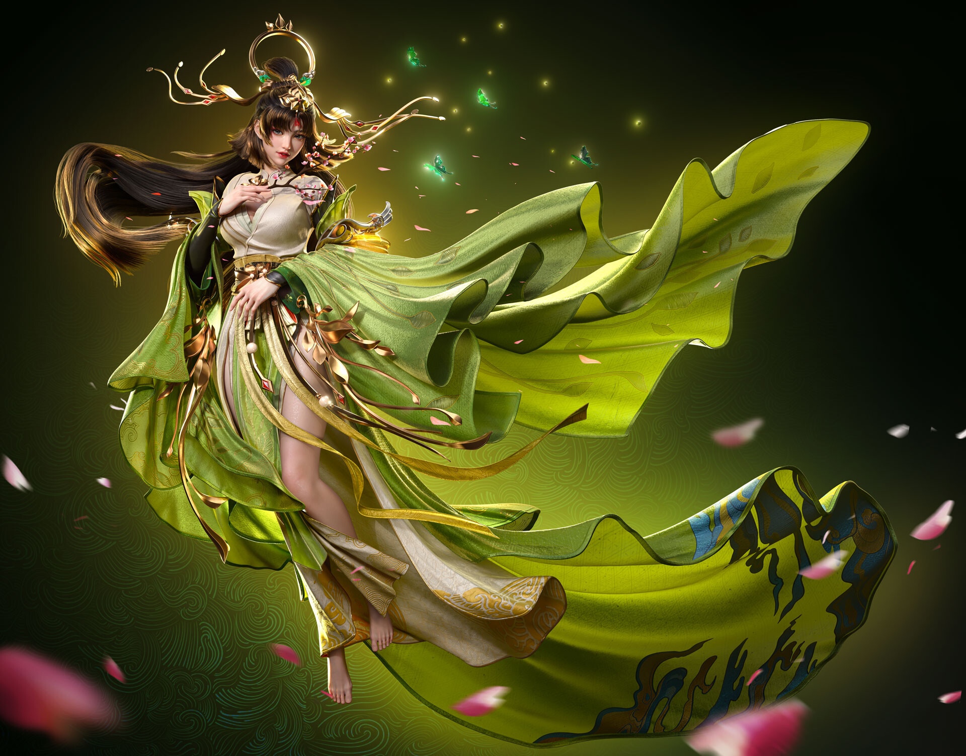 Fantasy girl with green dress and butterflies HD Wallpaper