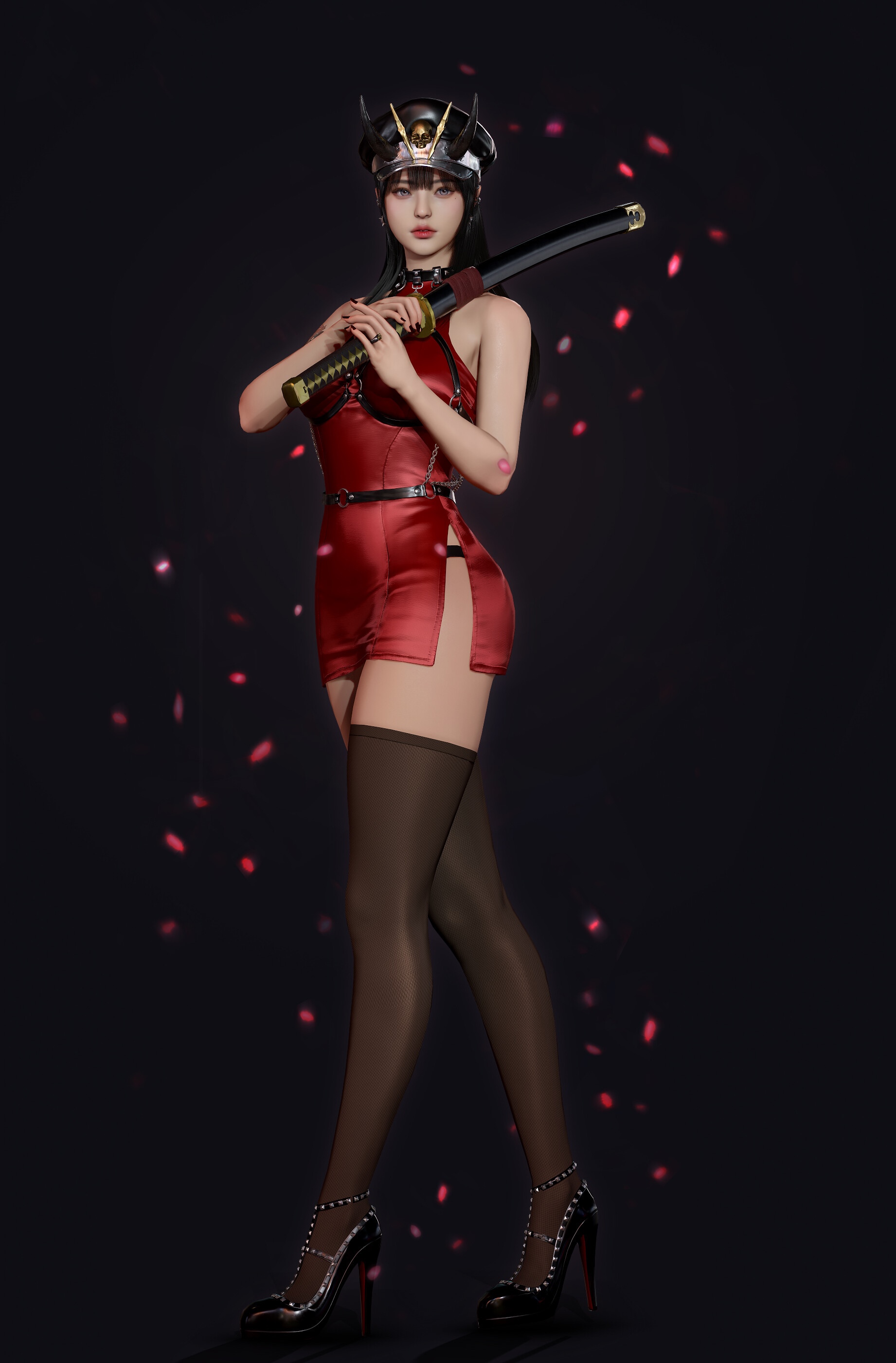 Fantasy girl in red dress with katana and horns hat HD Phone Wallpaper