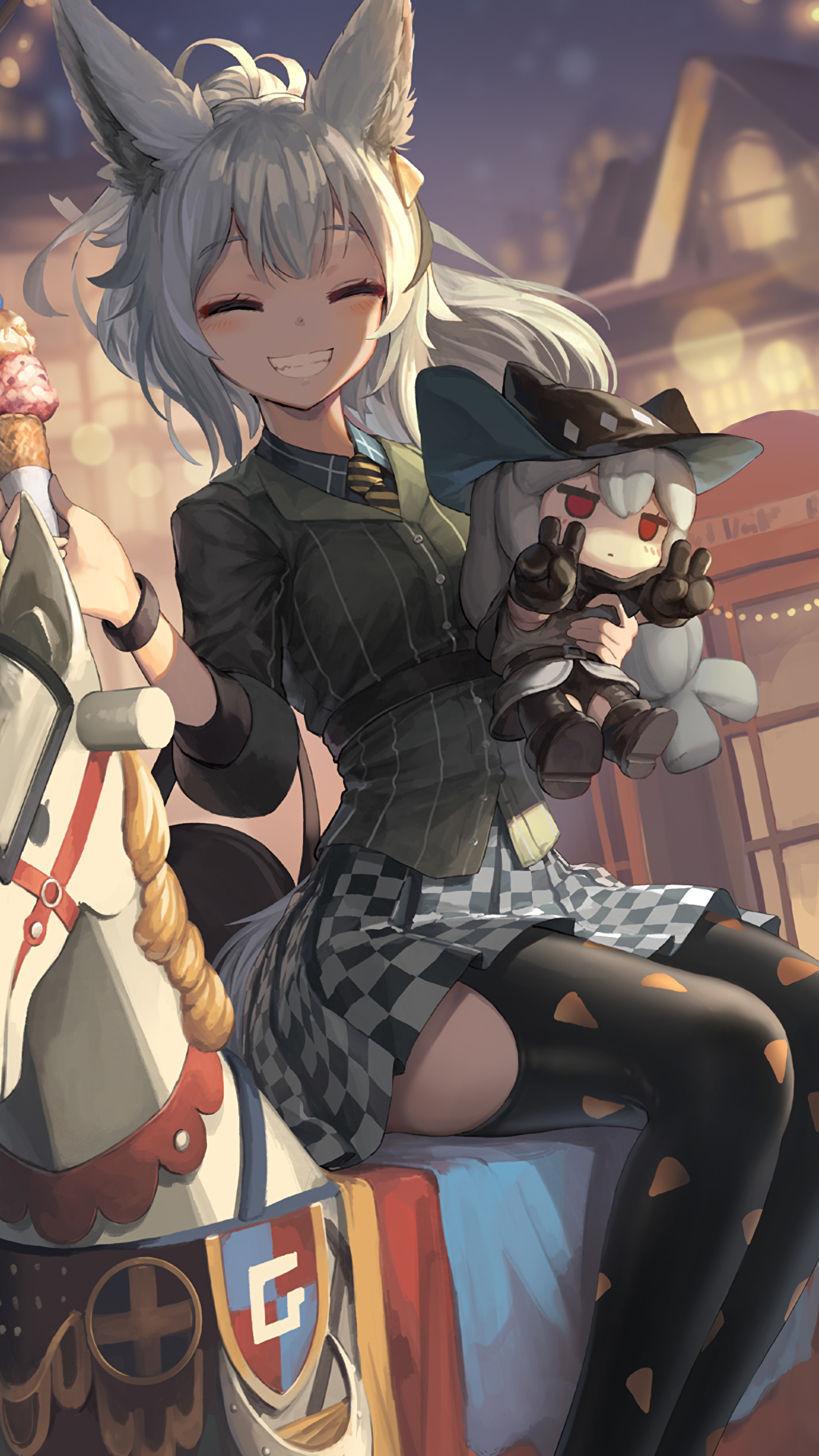 Fox girl with plush toy on carousel HD Phone Wallpaper