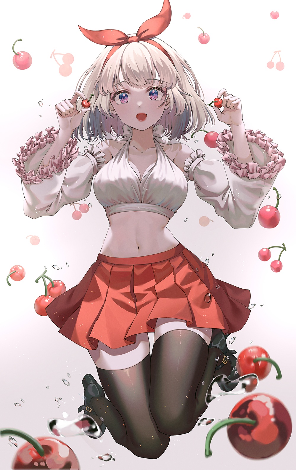 Anime girl with cherries and red skirt HD Phone Wallpaper