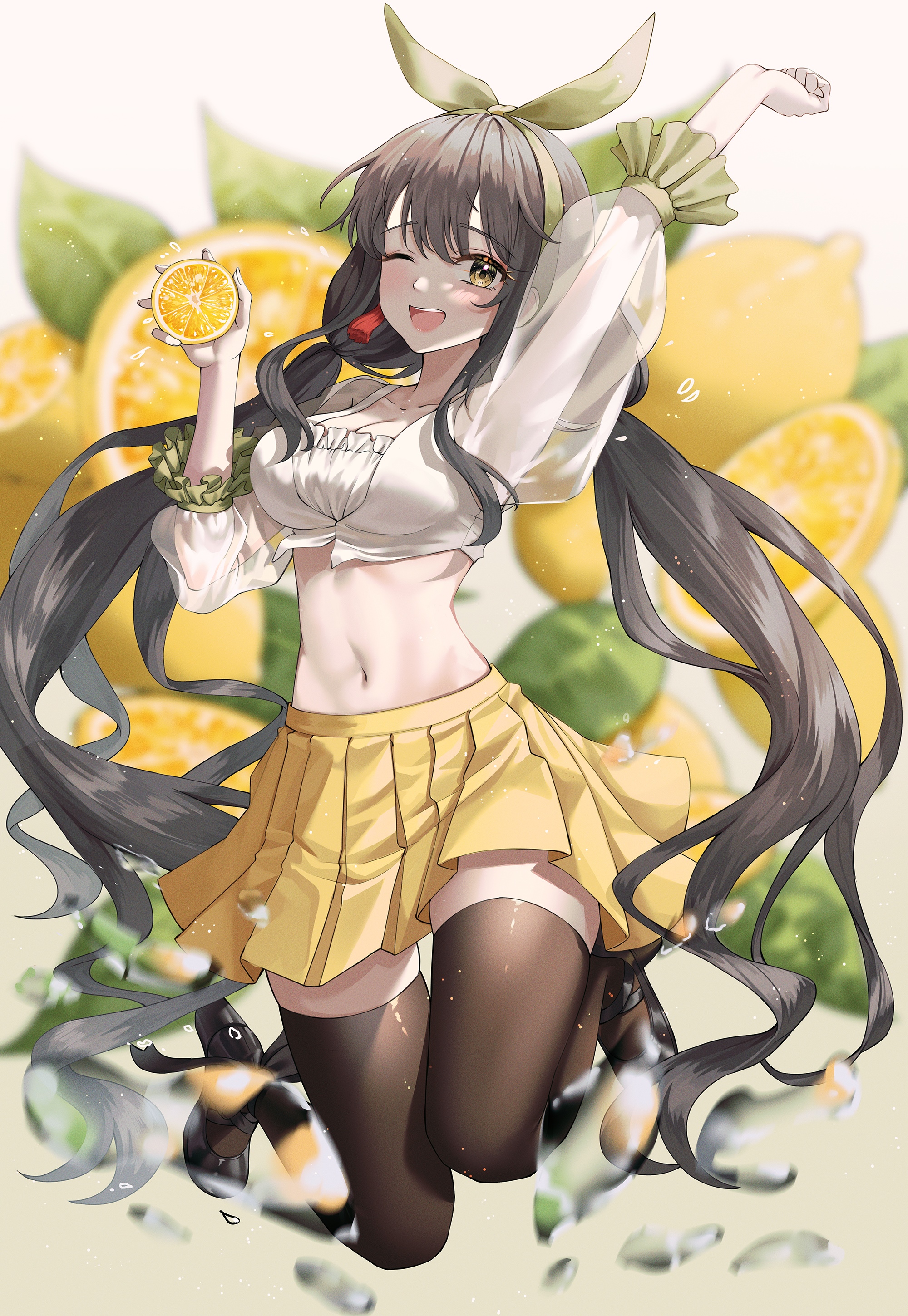 Anime girl with lemons and orange slice HD Phone Wallpaper