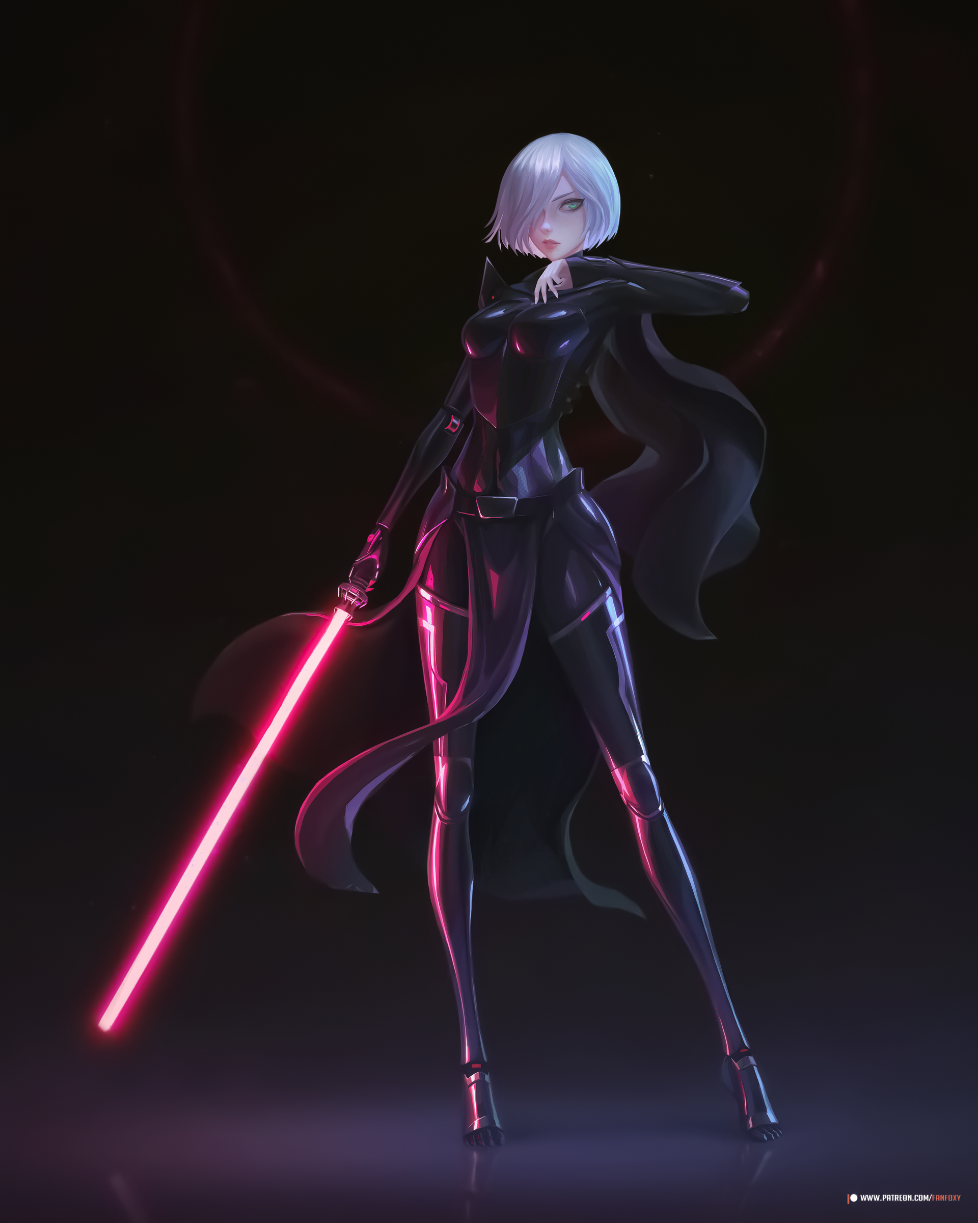 Sith woman with silver hair and red lightsaber HD Phone Wallpaper