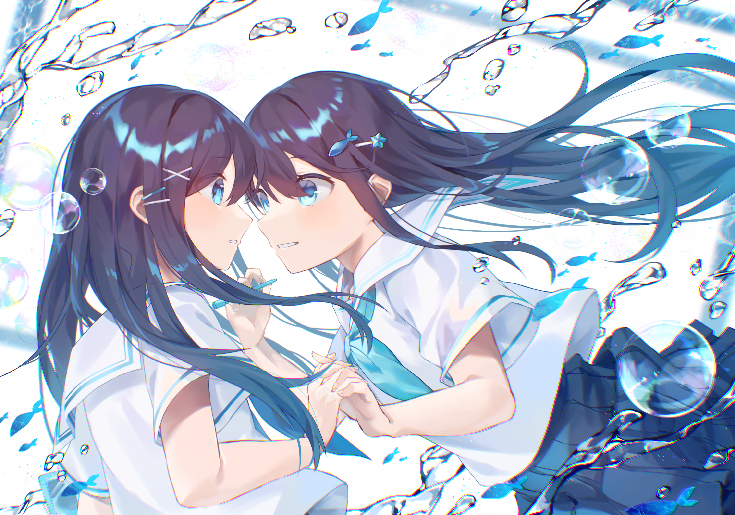 Two schoolgirls in blue and white uniforms underwater HD Wallpaper