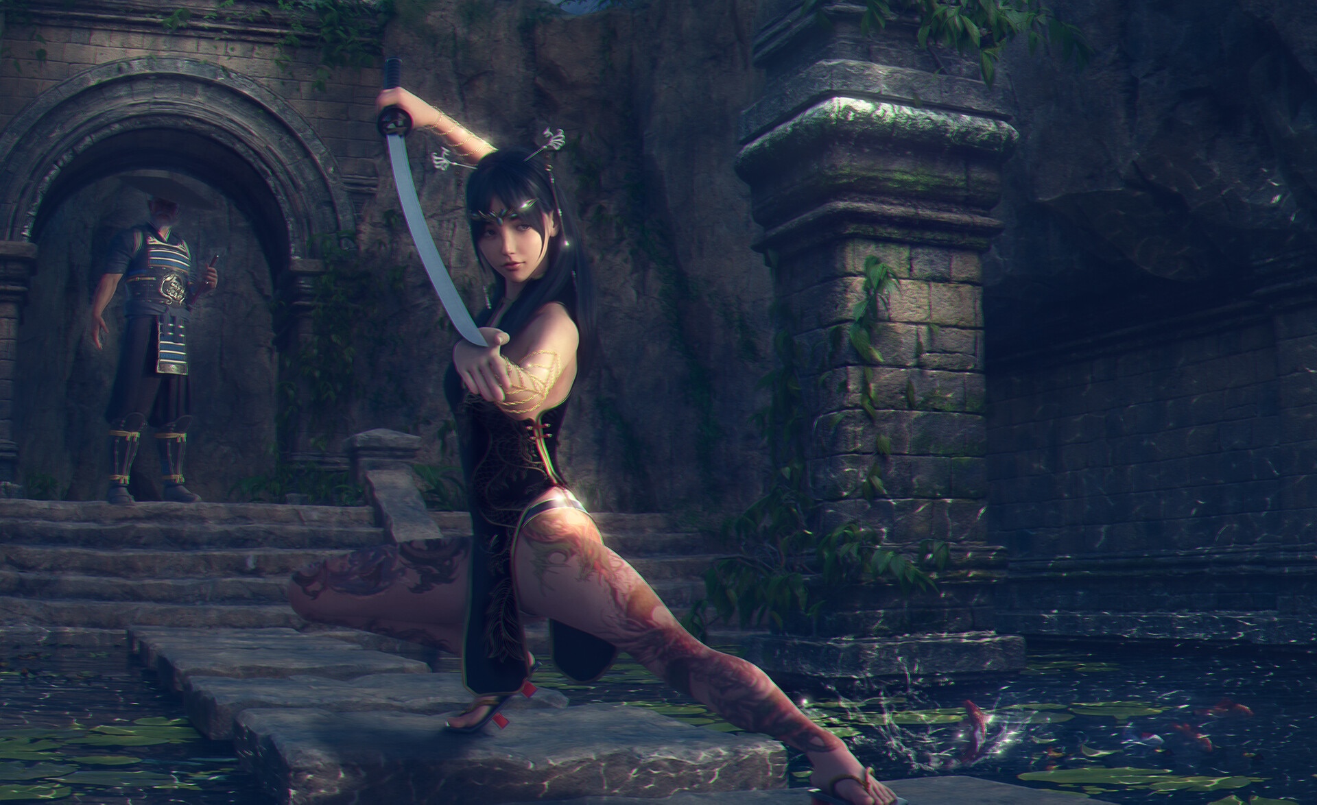 Woman with sword and tattoos in ancient ruins HD Wallpaper