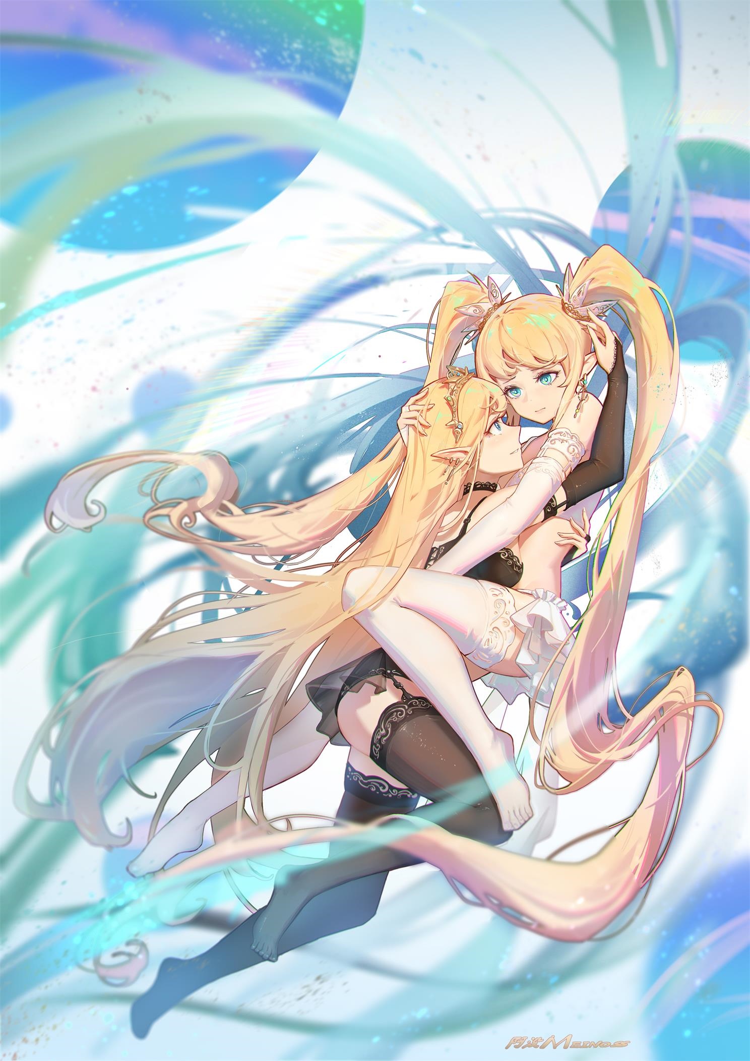 Two blonde anime girls in lingerie embracing HD Phone Wallpaper