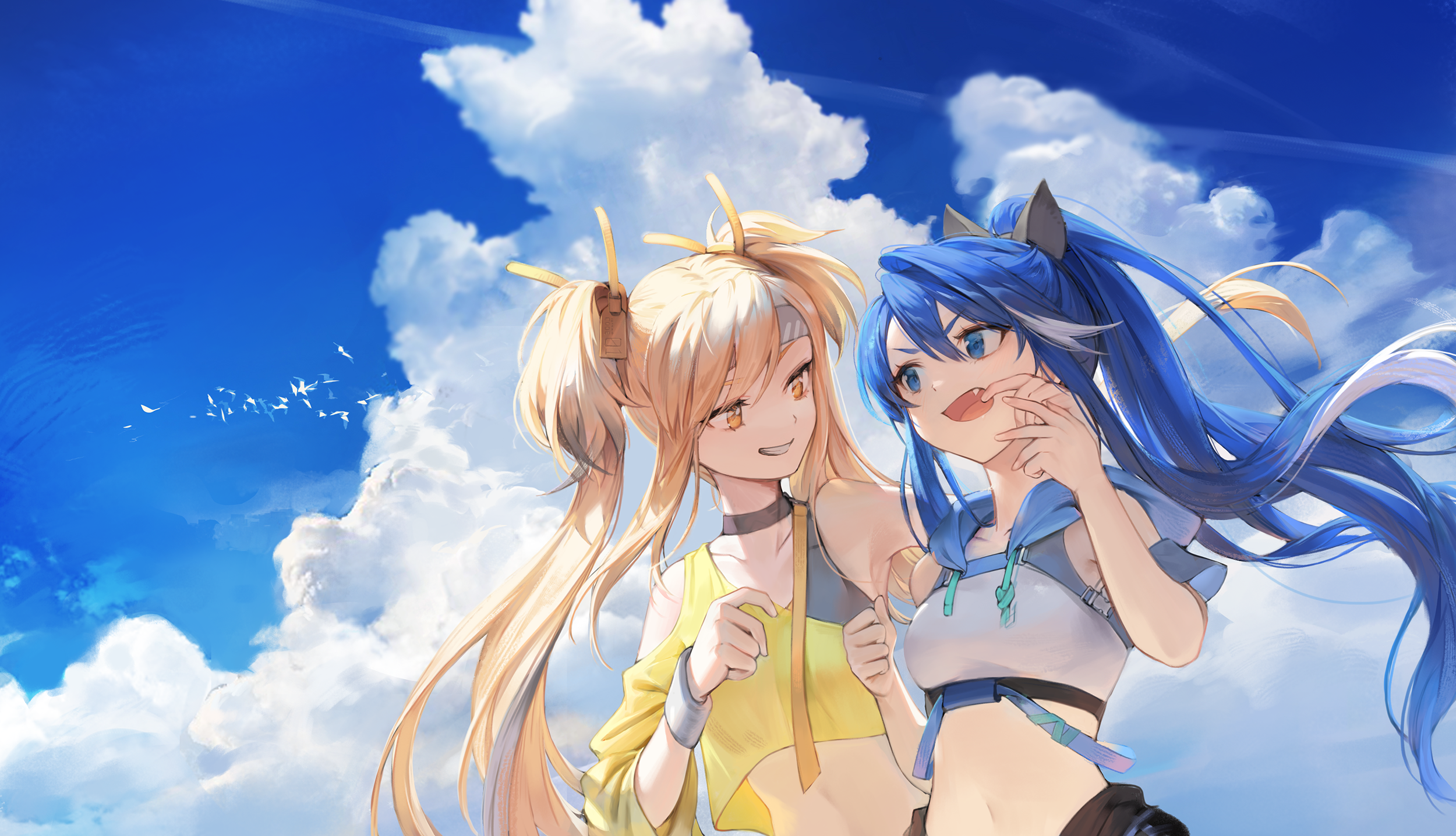 Anime girls with blonde and blue hair under the clouds HD Wallpaper