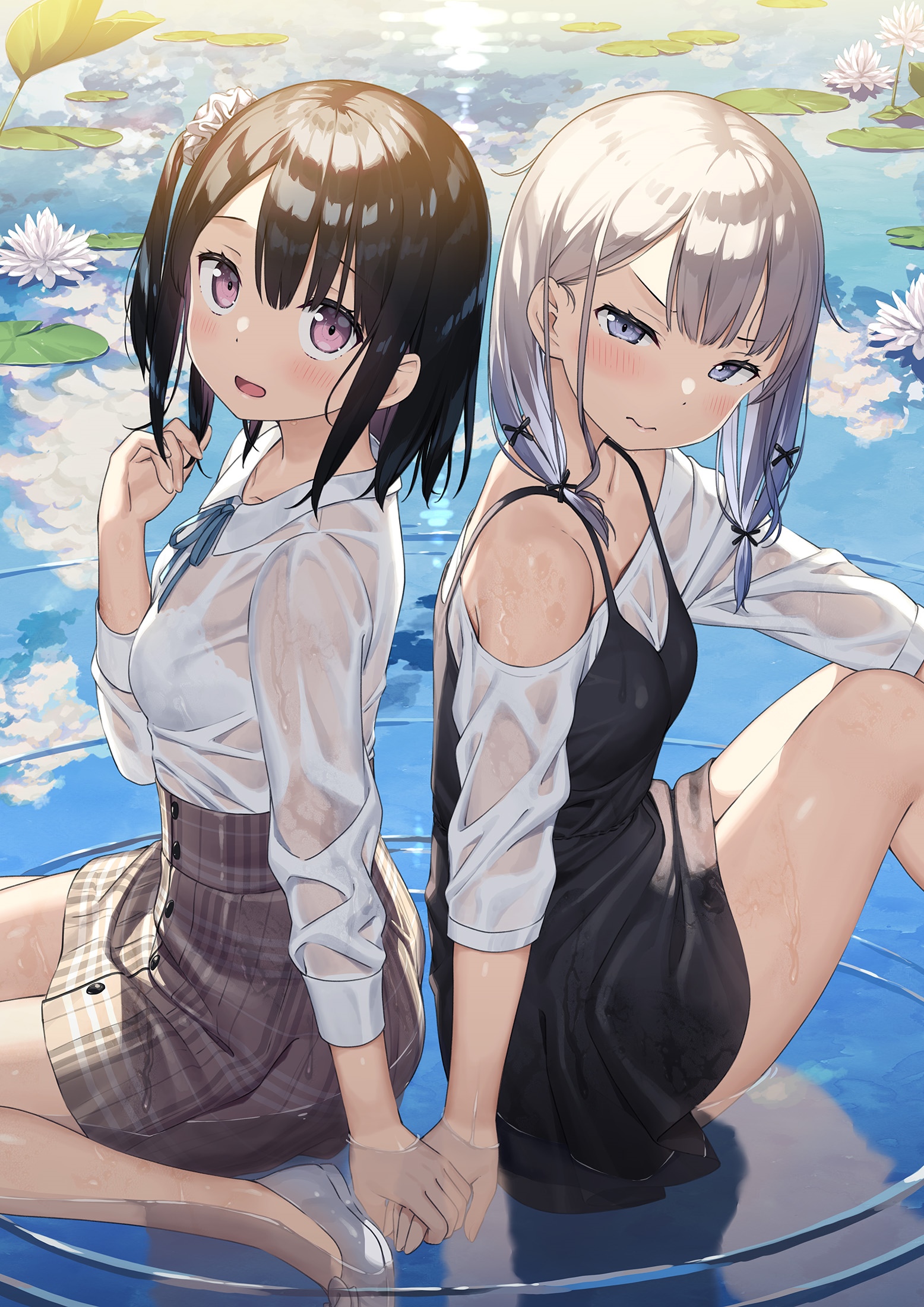 Two schoolgirls sitting in water, holding hands HD Phone Wallpaper