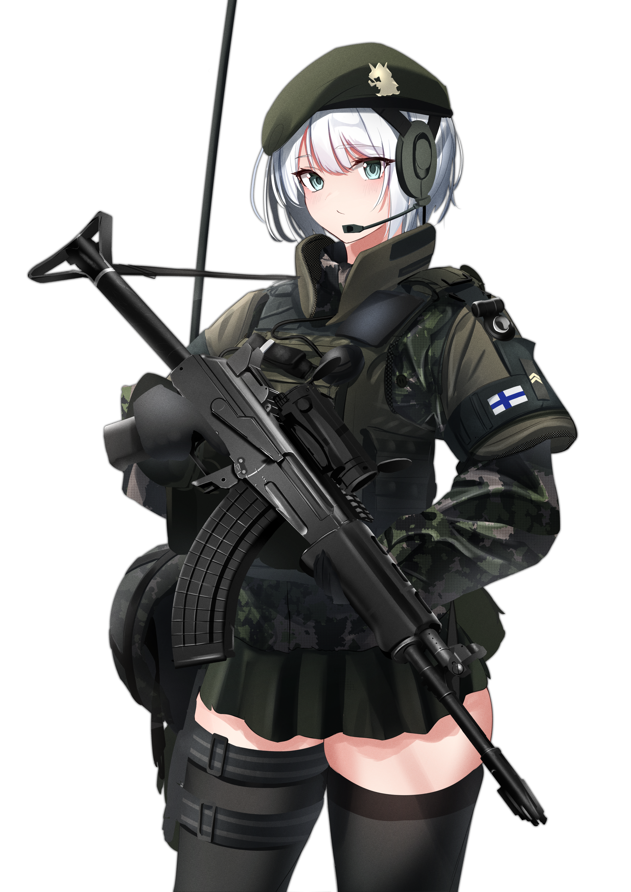 Anime girl in Finnish Army uniform with a rifle HD Phone Wallpaper