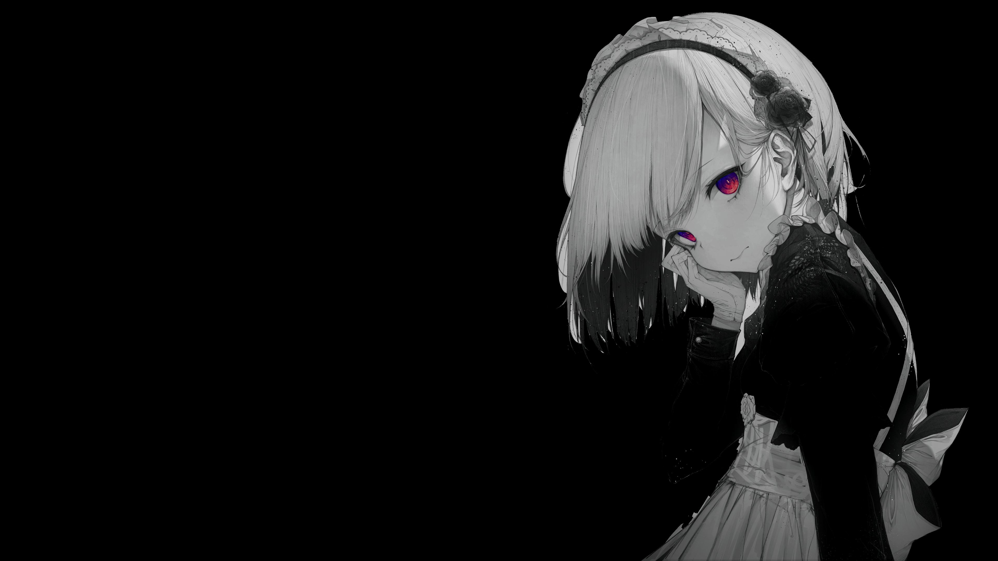 4K Maid with Red Eyes on Black Background HD Wallpaper
