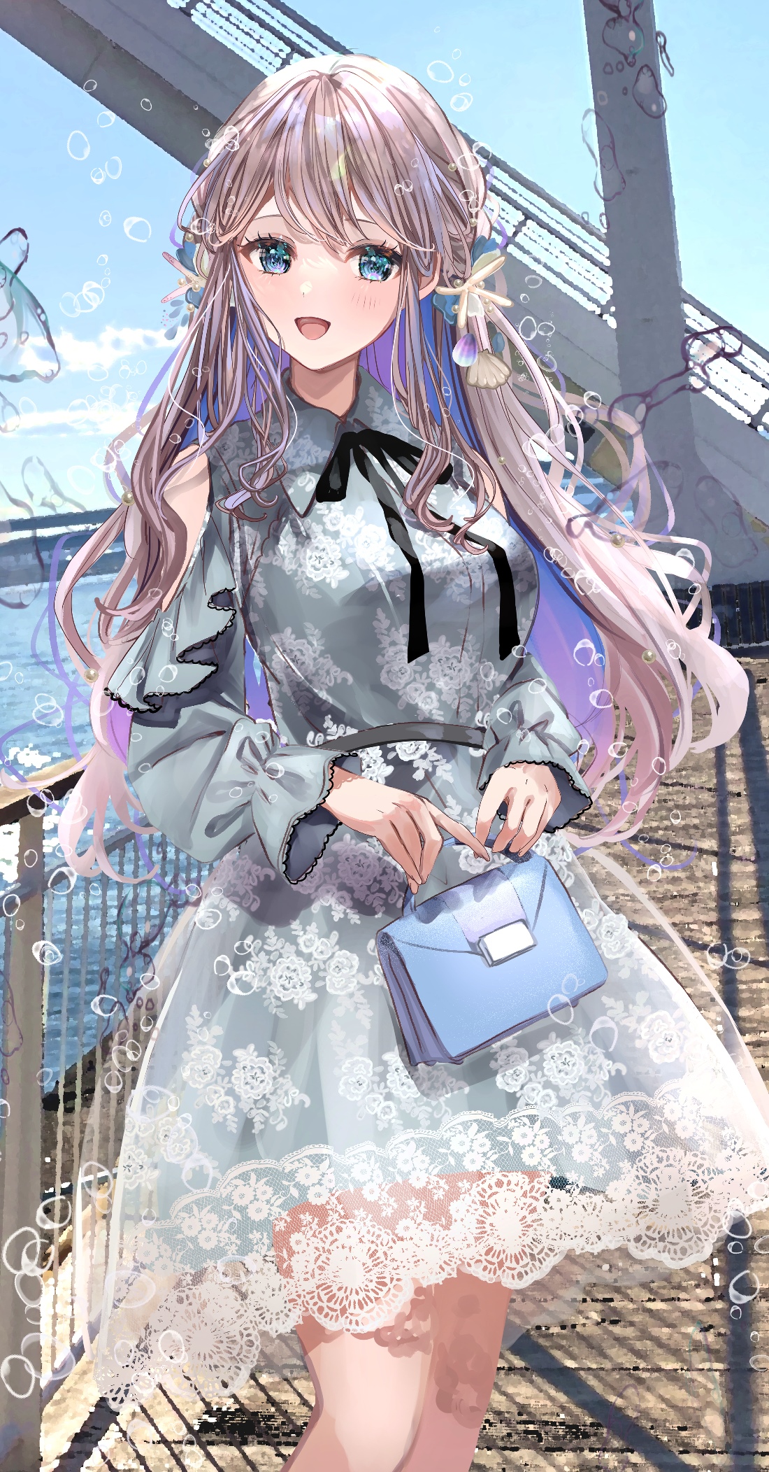 Anime girl with a purse on a pier HD Phone Wallpaper