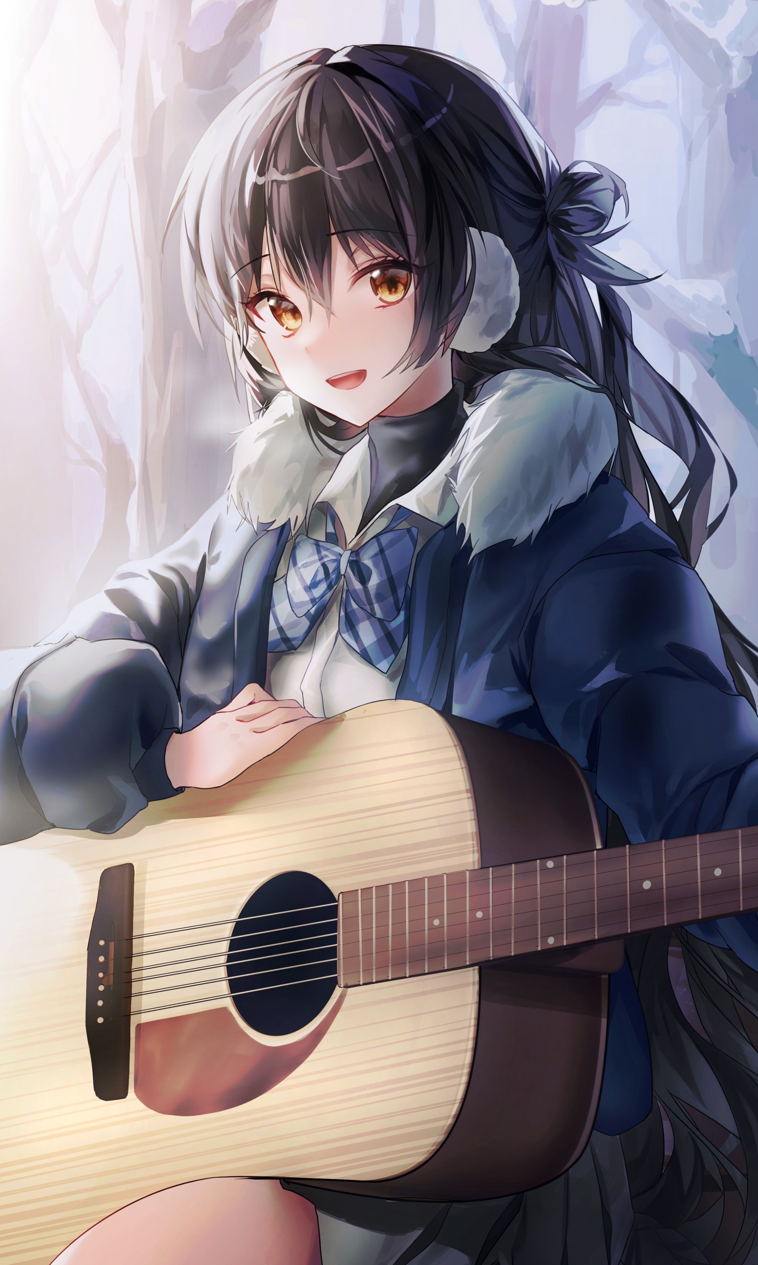Anime girl with guitar in a winter forest HD Phone Wallpaper