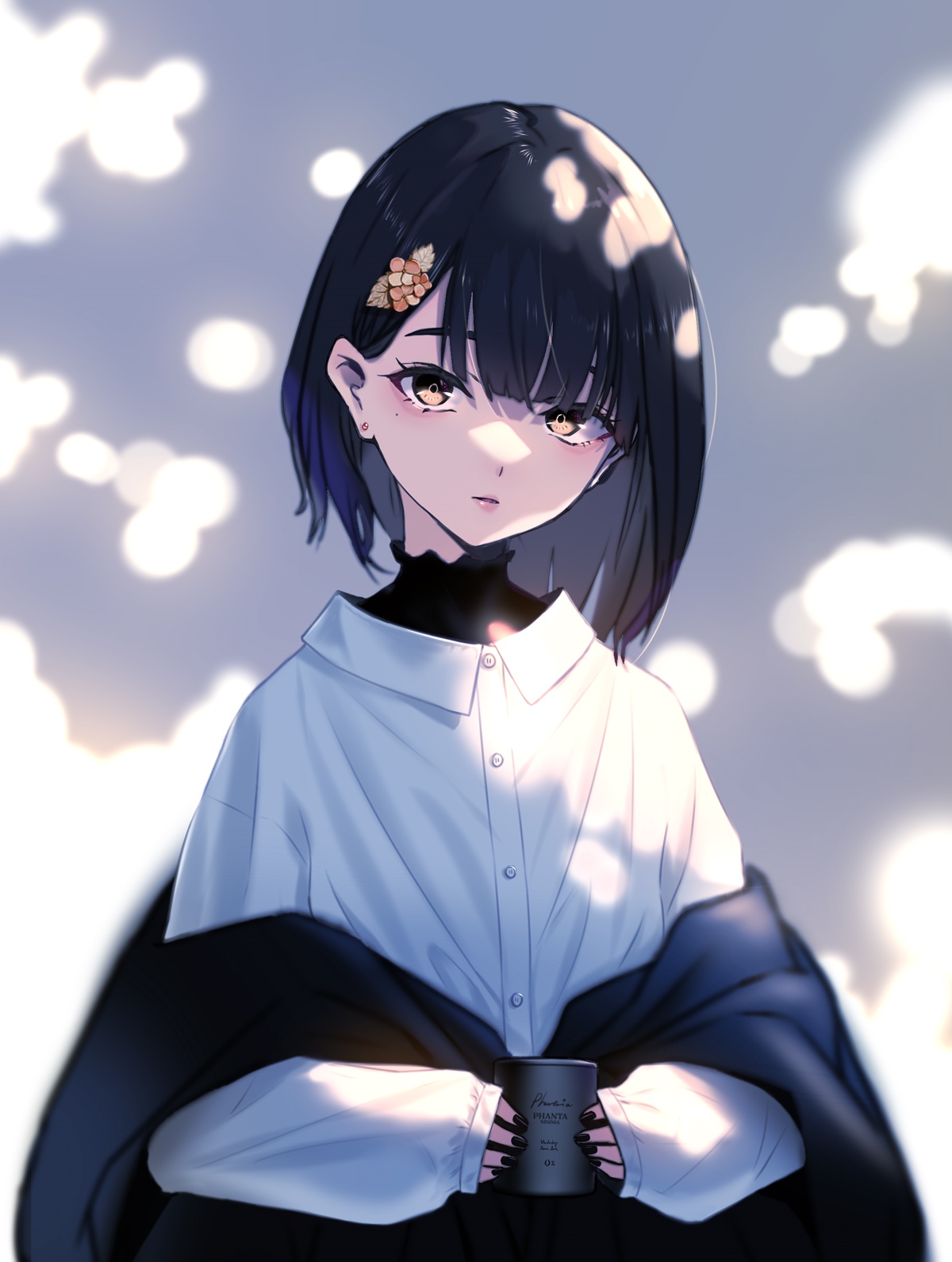 Anime girl with yellow eyes holding a mug HD Phone Wallpaper