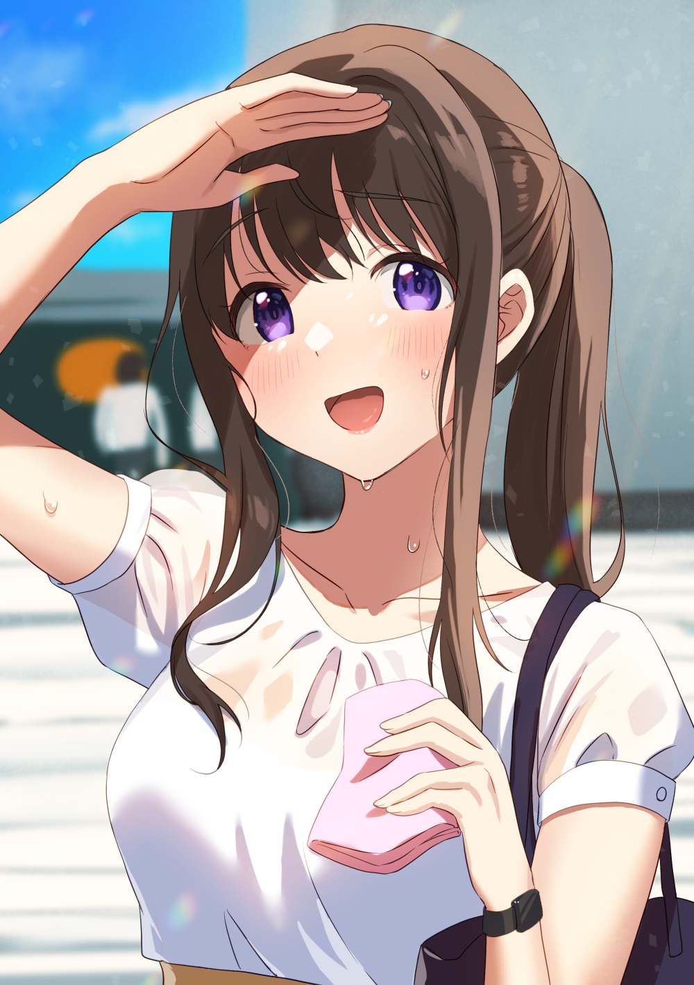 Anime girl wiping sweat from her forehead HD Phone Wallpaper