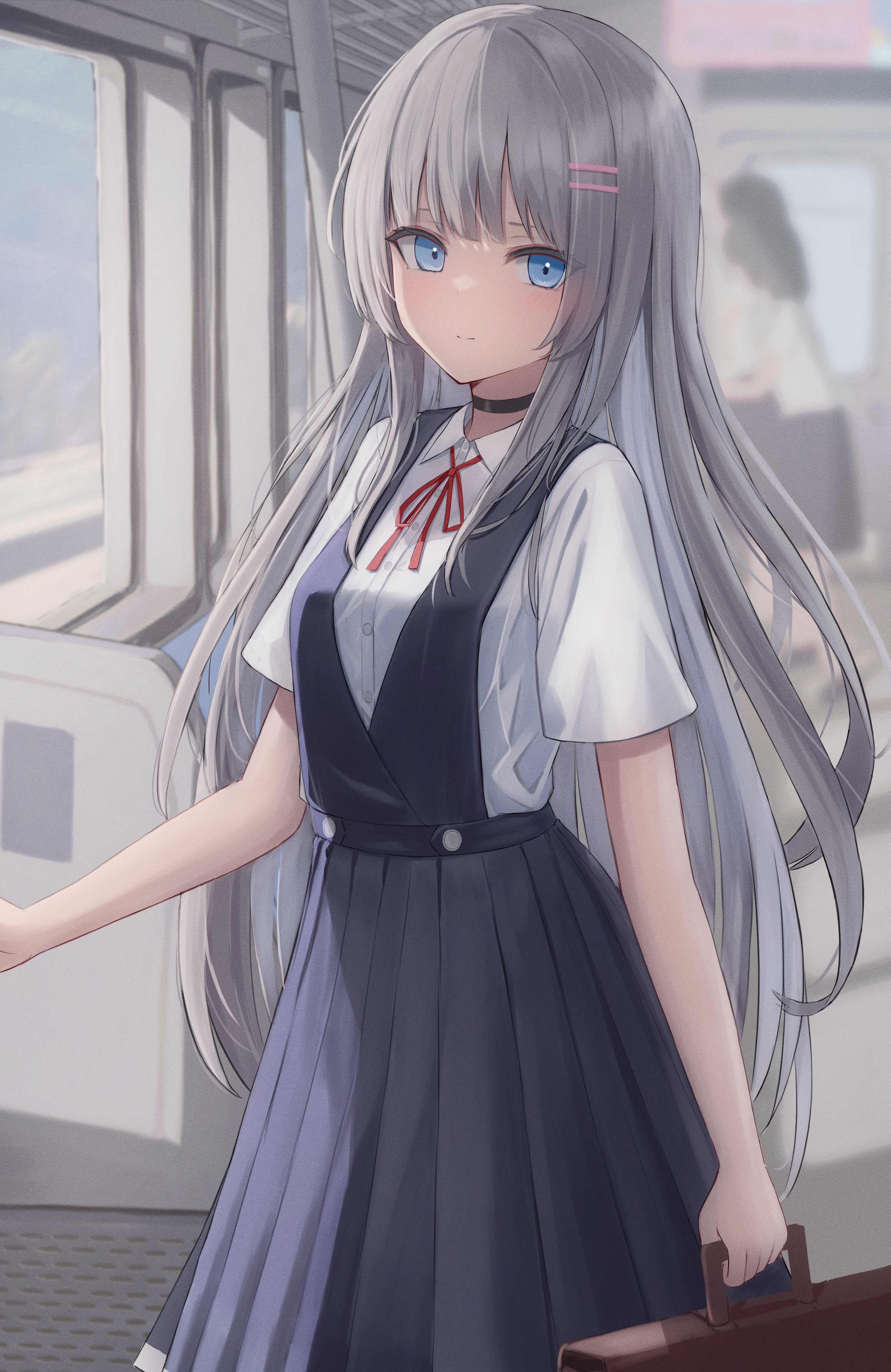 Anime girl in school uniform on a train HD Phone Wallpaper