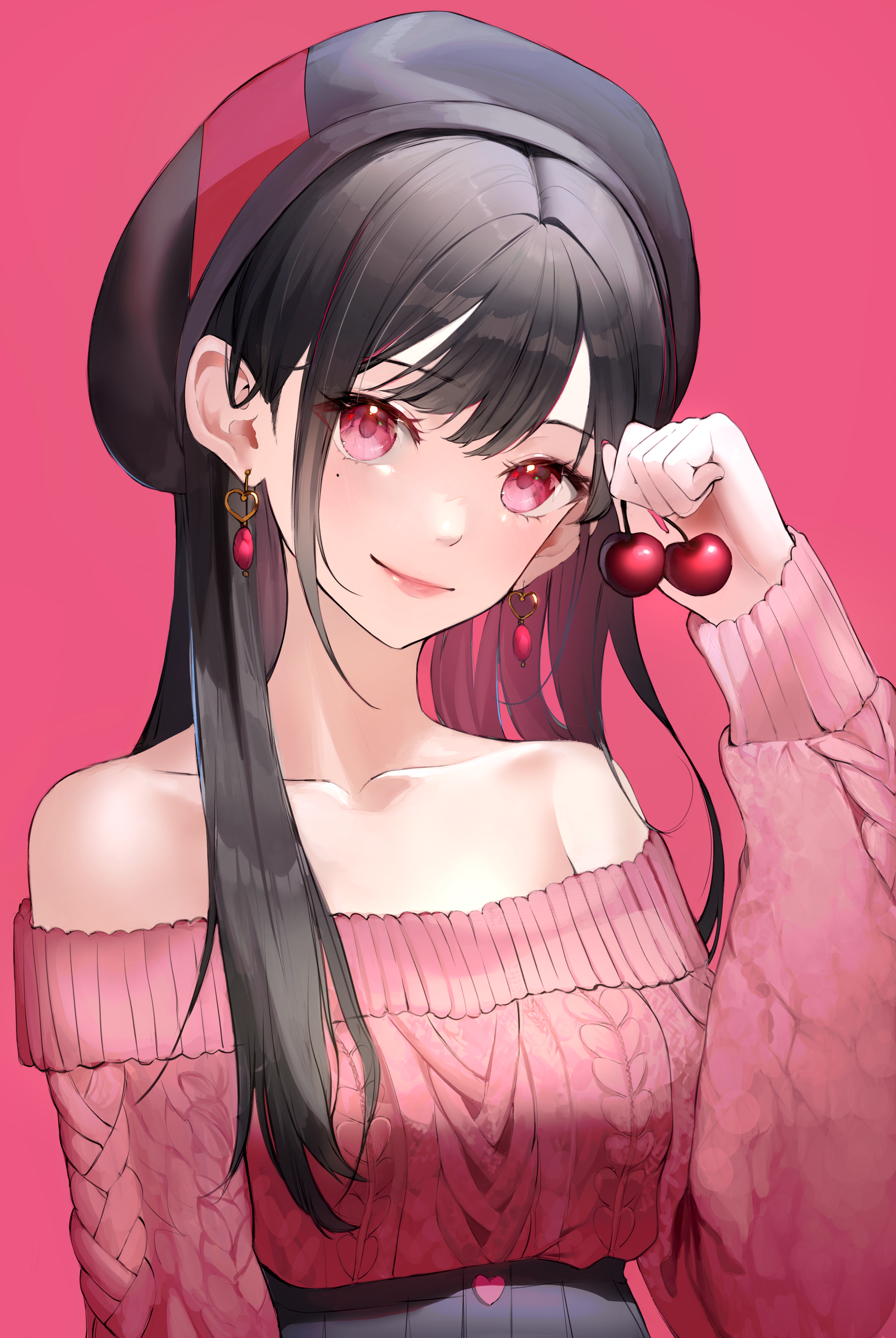 Anime girl with red eyes holding cherries HD Phone Wallpaper