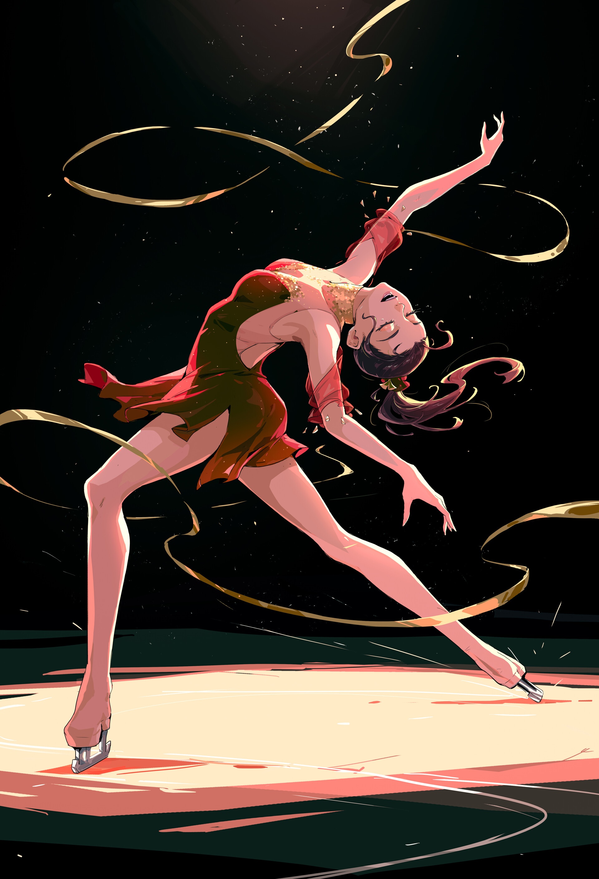 Figure skater in red dress performing on ice HD Phone Wallpaper