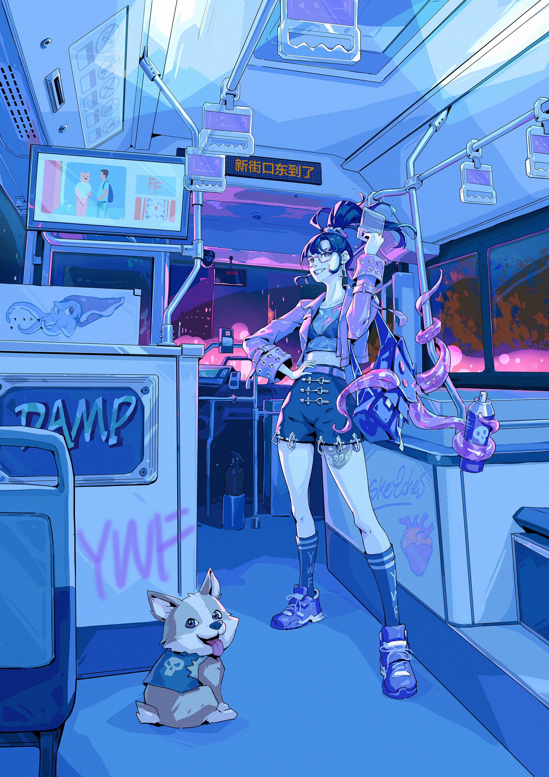 Anime girl and dog on a bus HD Phone Wallpaper