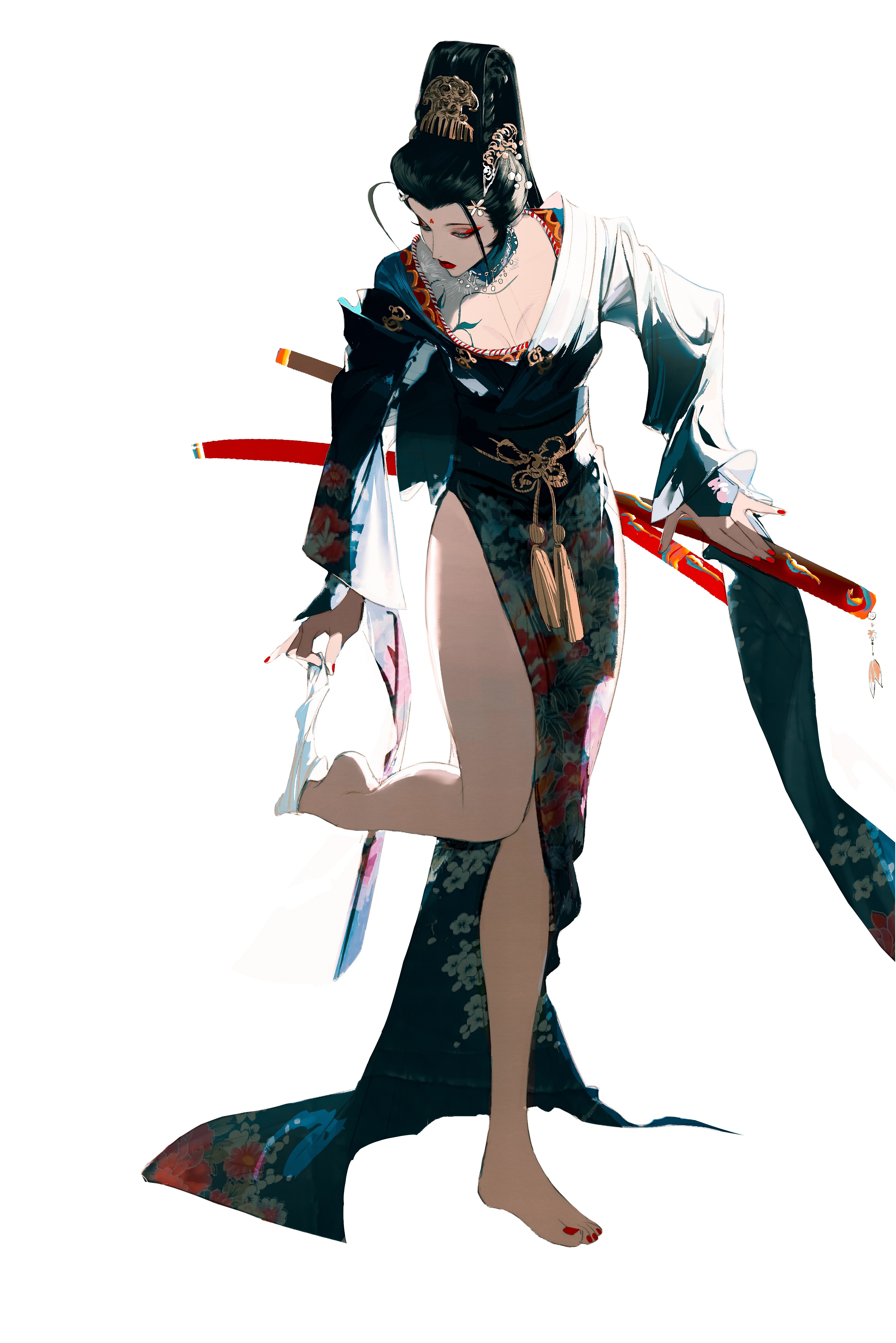 Woman in a kimono with swords HD Phone Wallpaper