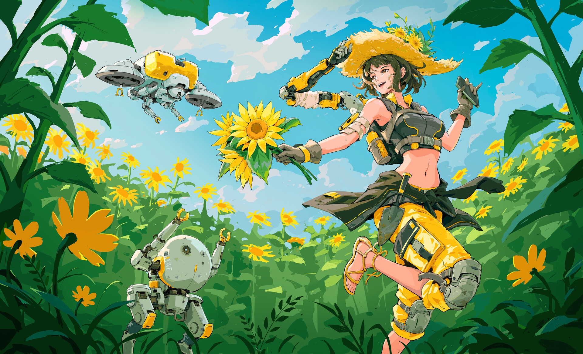 Woman in a sunflower field with robots HD Wallpaper