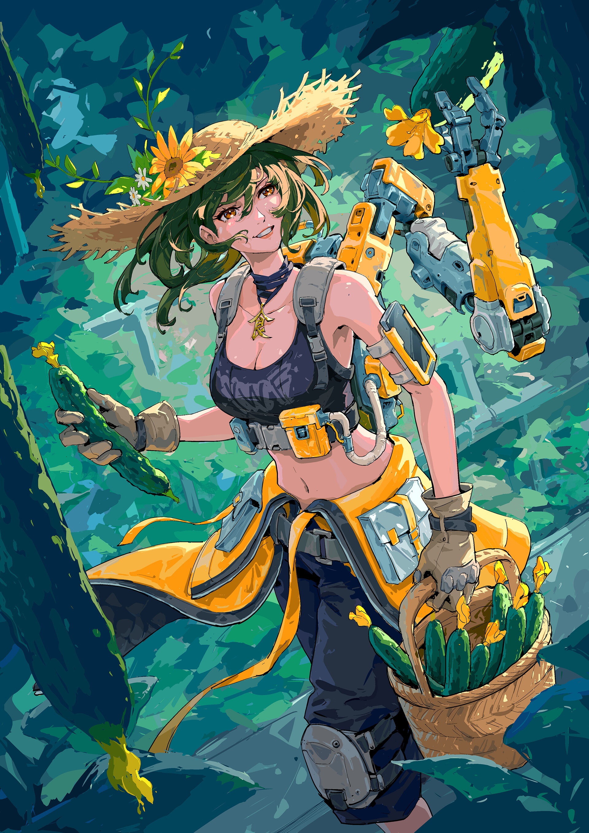 Woman with green hair and robotic arm harvesting cucumbers HD Phone Wallpaper