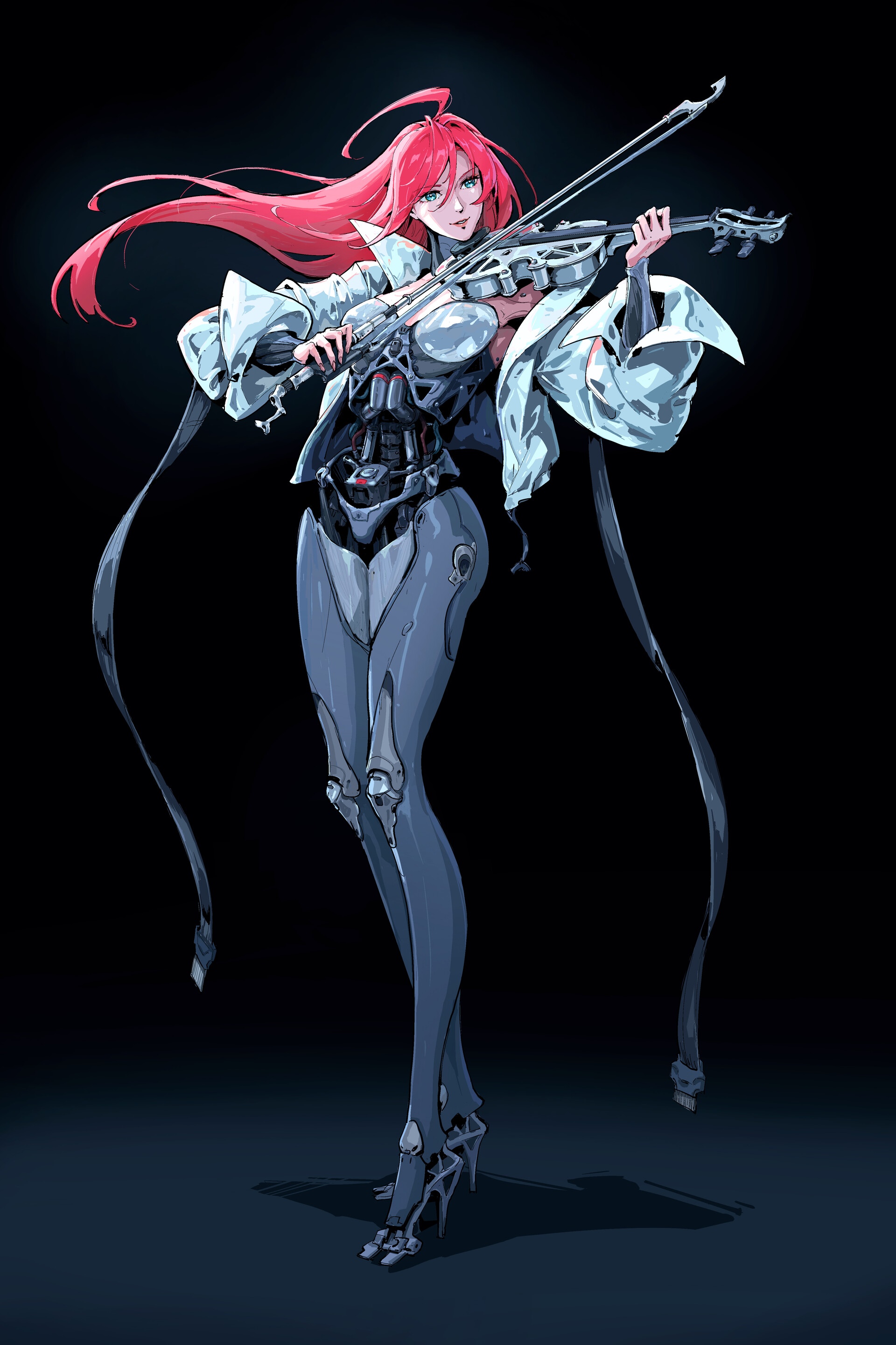 Cyborg woman with pink hair playing a futuristic violin HD Phone Wallpaper