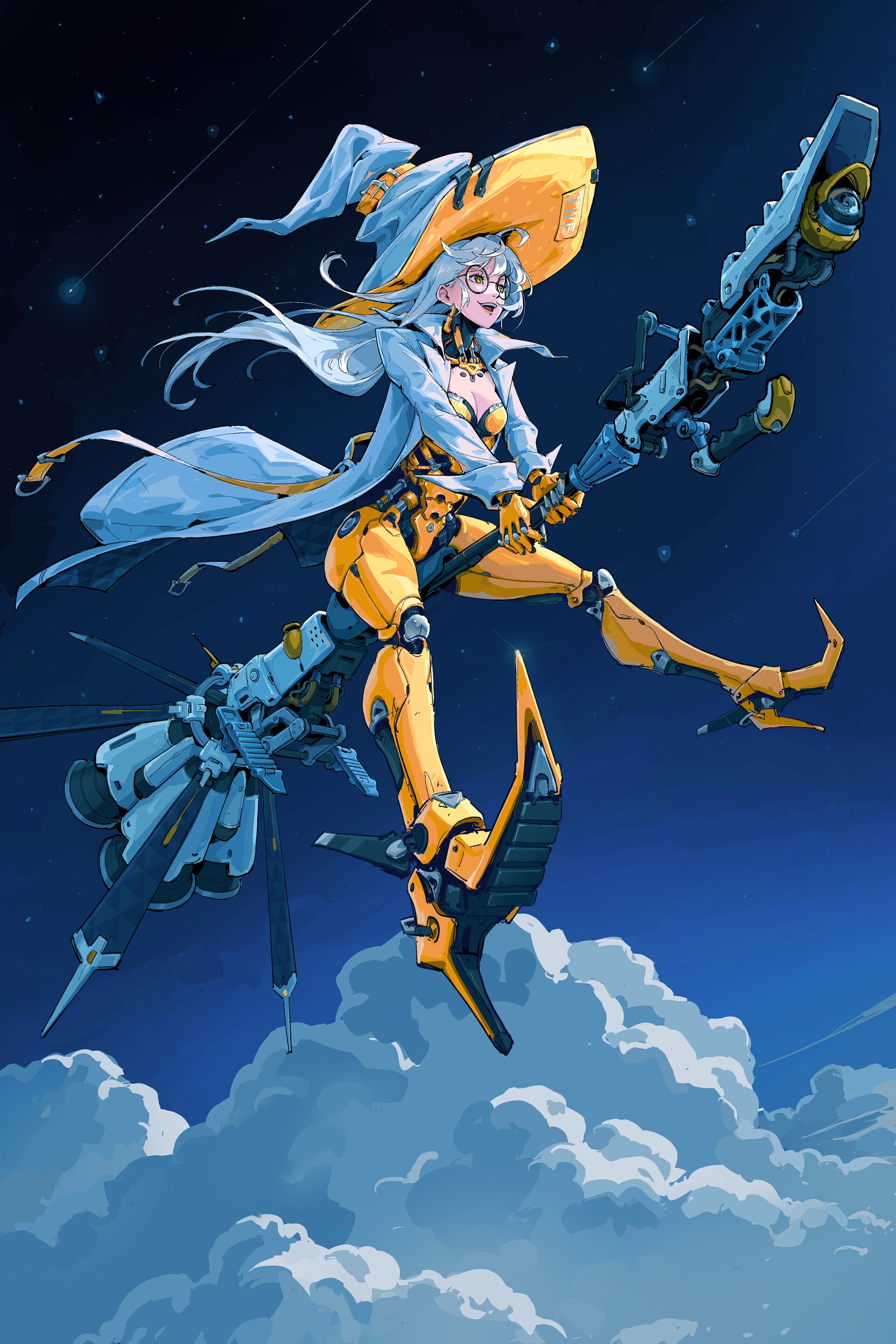 Futuristic witch with cyborg legs flying on a machine HD Phone Wallpaper