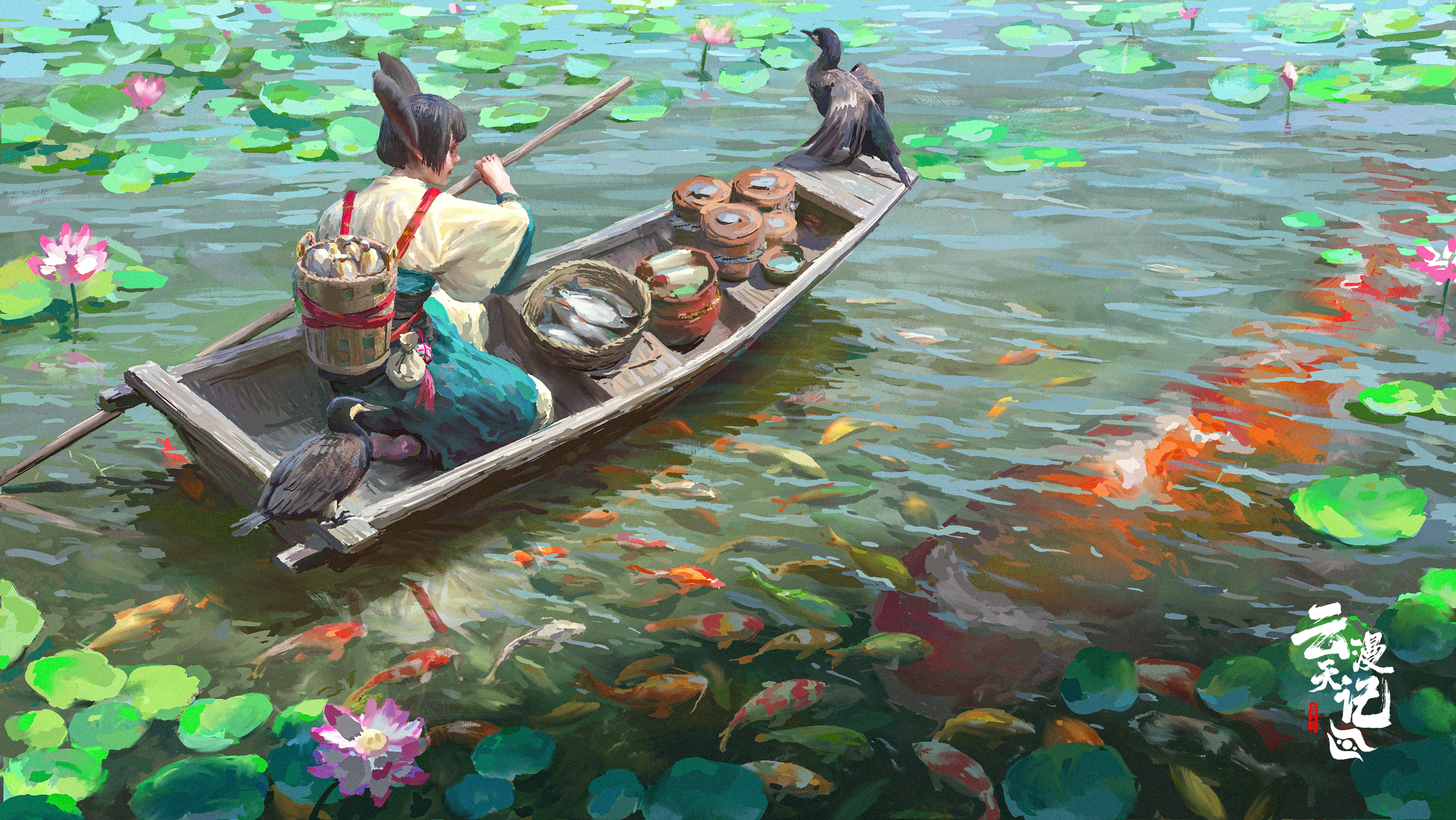 4K fish, birds, and flowers in a lotus pond HD Wallpaper