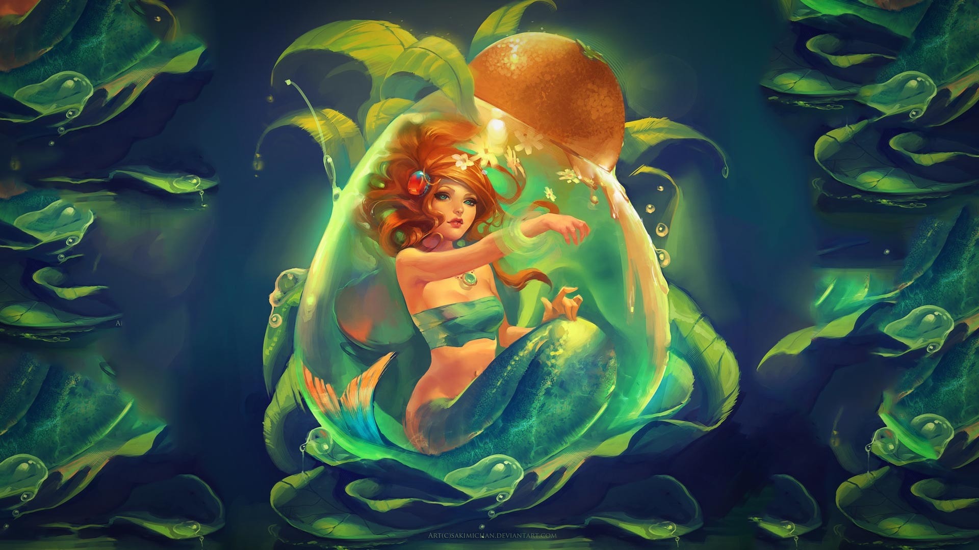 Mermaid in a magical water bubble surrounded by leaves HD Wallpaper