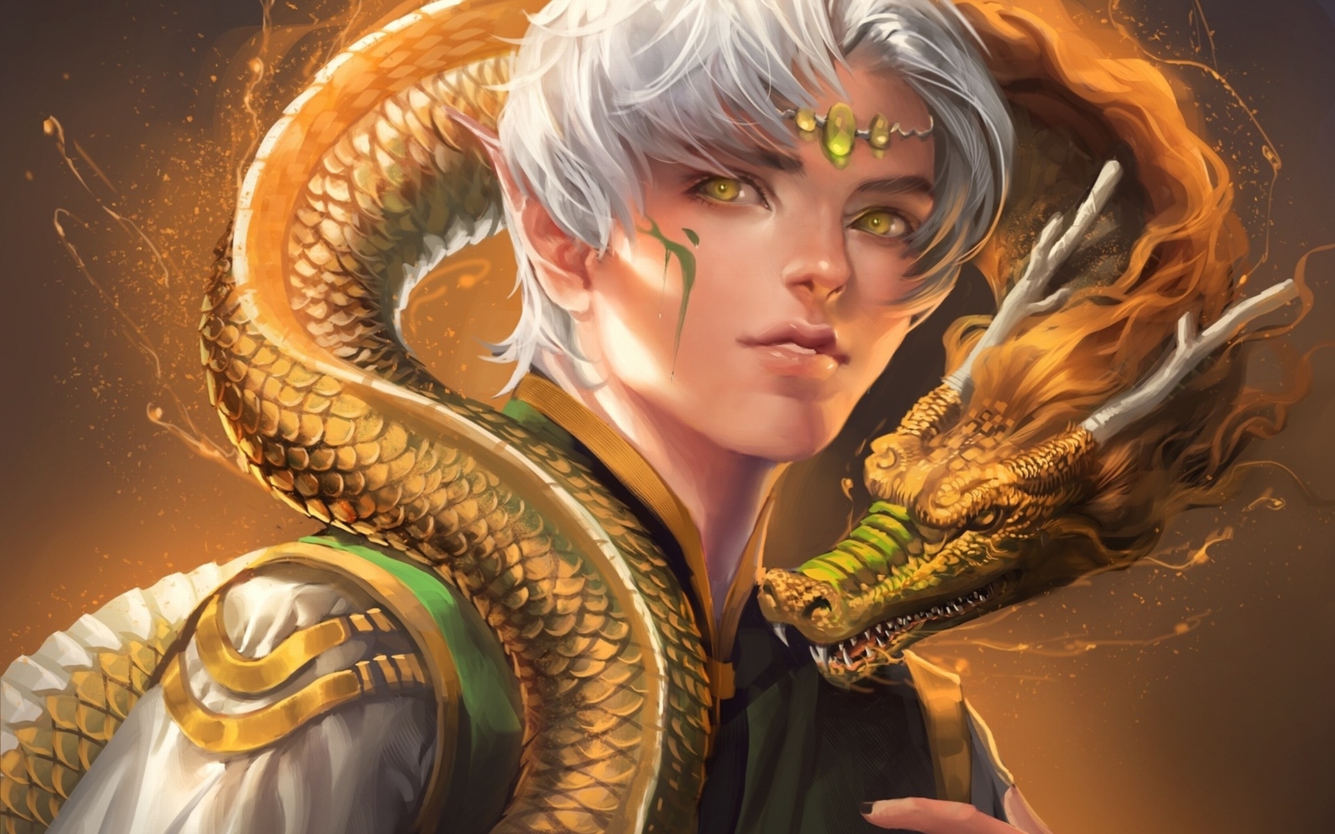 Anime boy with white hair and yellow eyes with a golden dragon HD Wallpaper