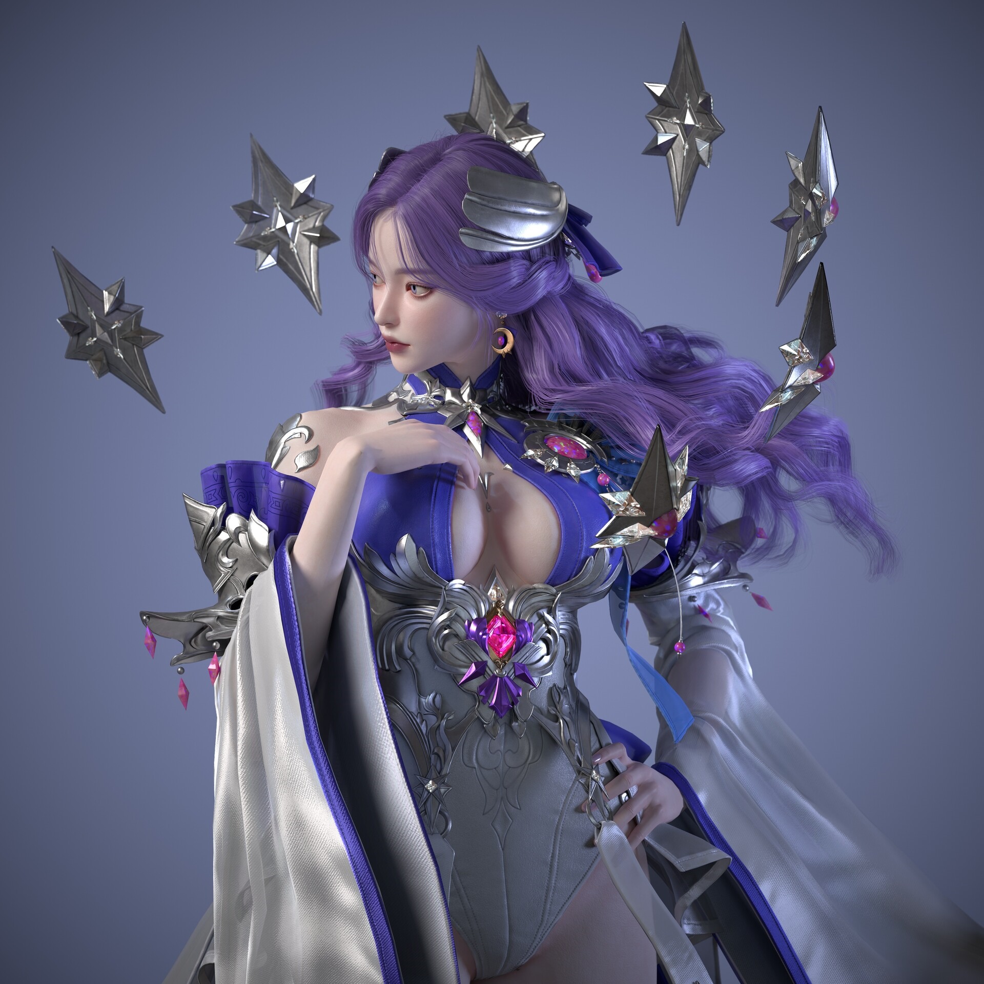 Fantasy girl with purple hair and ornate armor HD Wallpaper