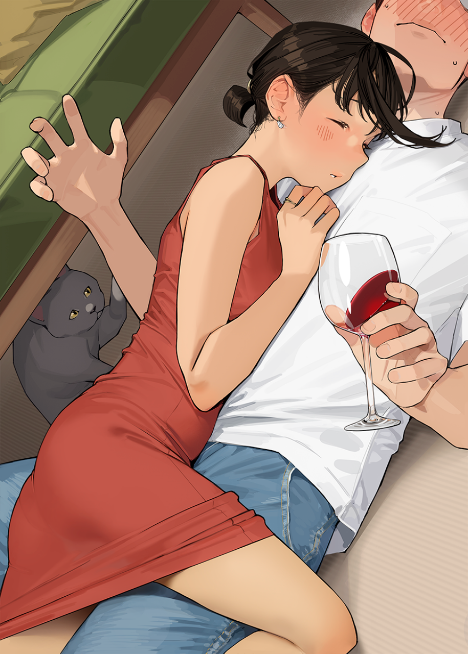 Douki-chan sleeping on a man's chest with a cat HD Phone Wallpaper