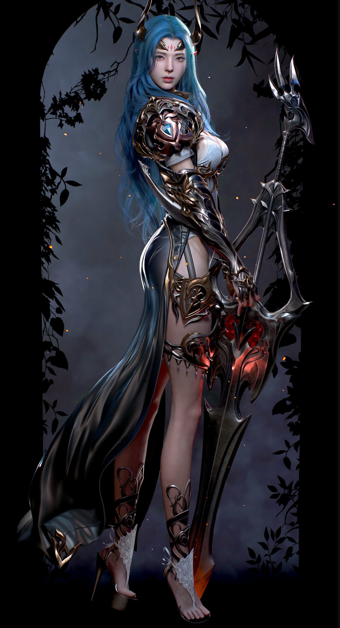 Fantasy girl with blue hair and ornate armor HD Phone Wallpaper