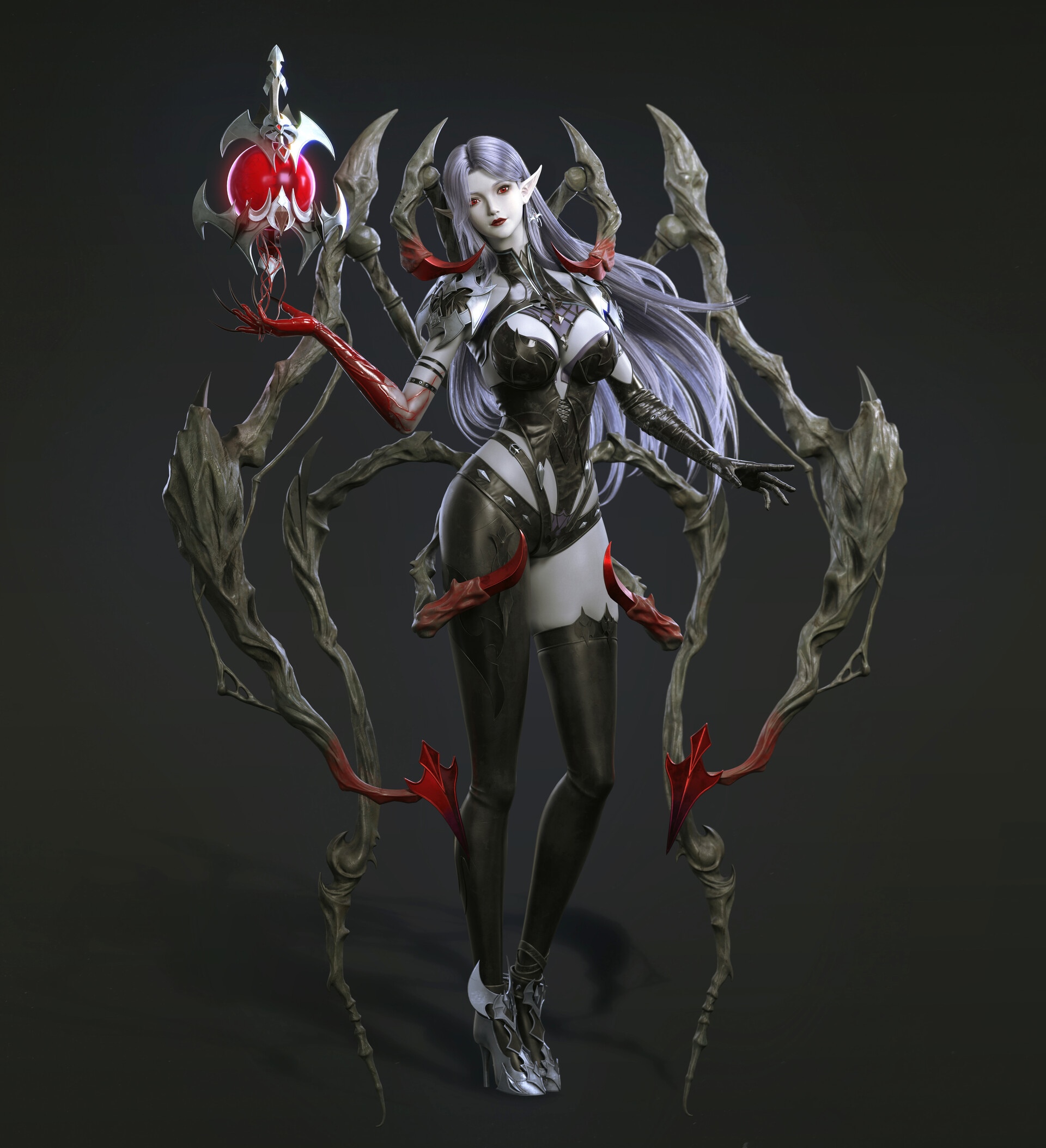 Fantasy girl with spider-like appendages and staff HD Wallpaper