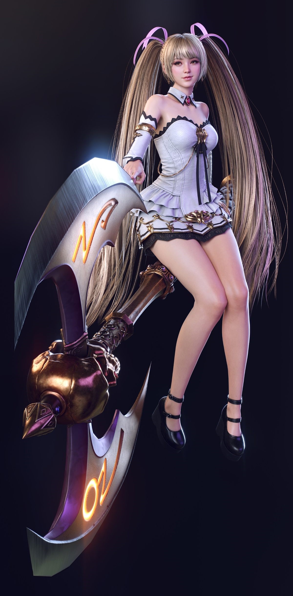 Fantasy girl with blonde pigtails and a large axe HD Phone Wallpaper