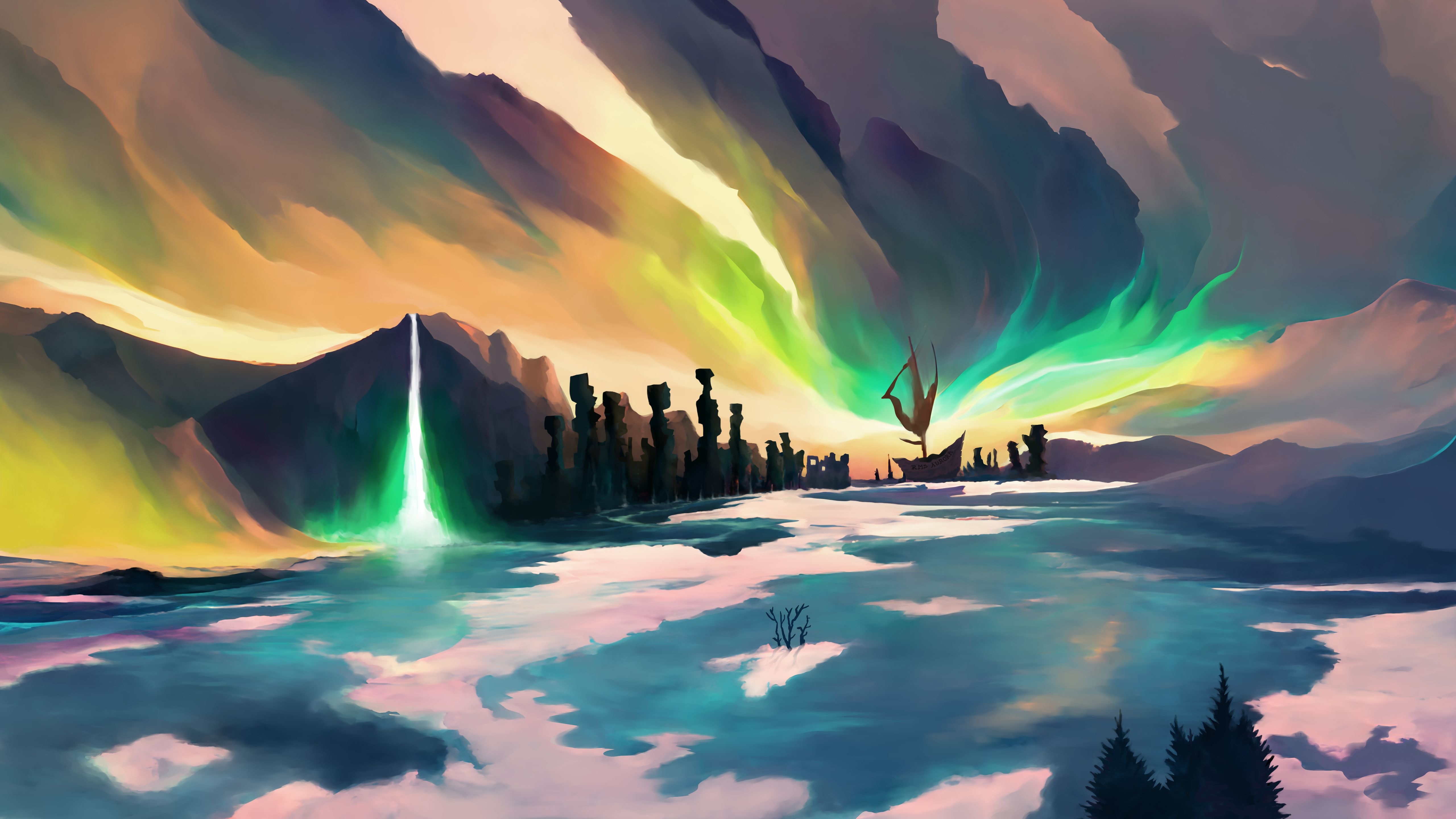 4K colorful fantasy landscape with aurora HD Wallpaper
