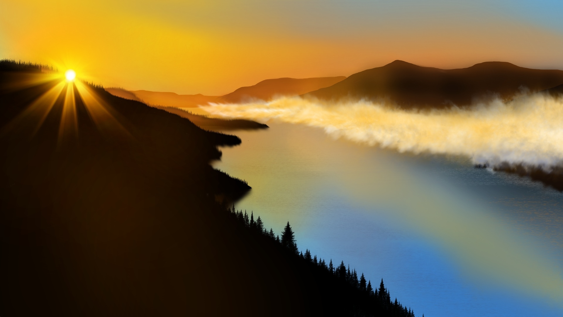 Sunrise over a misty mountain lake landscape HD Wallpaper