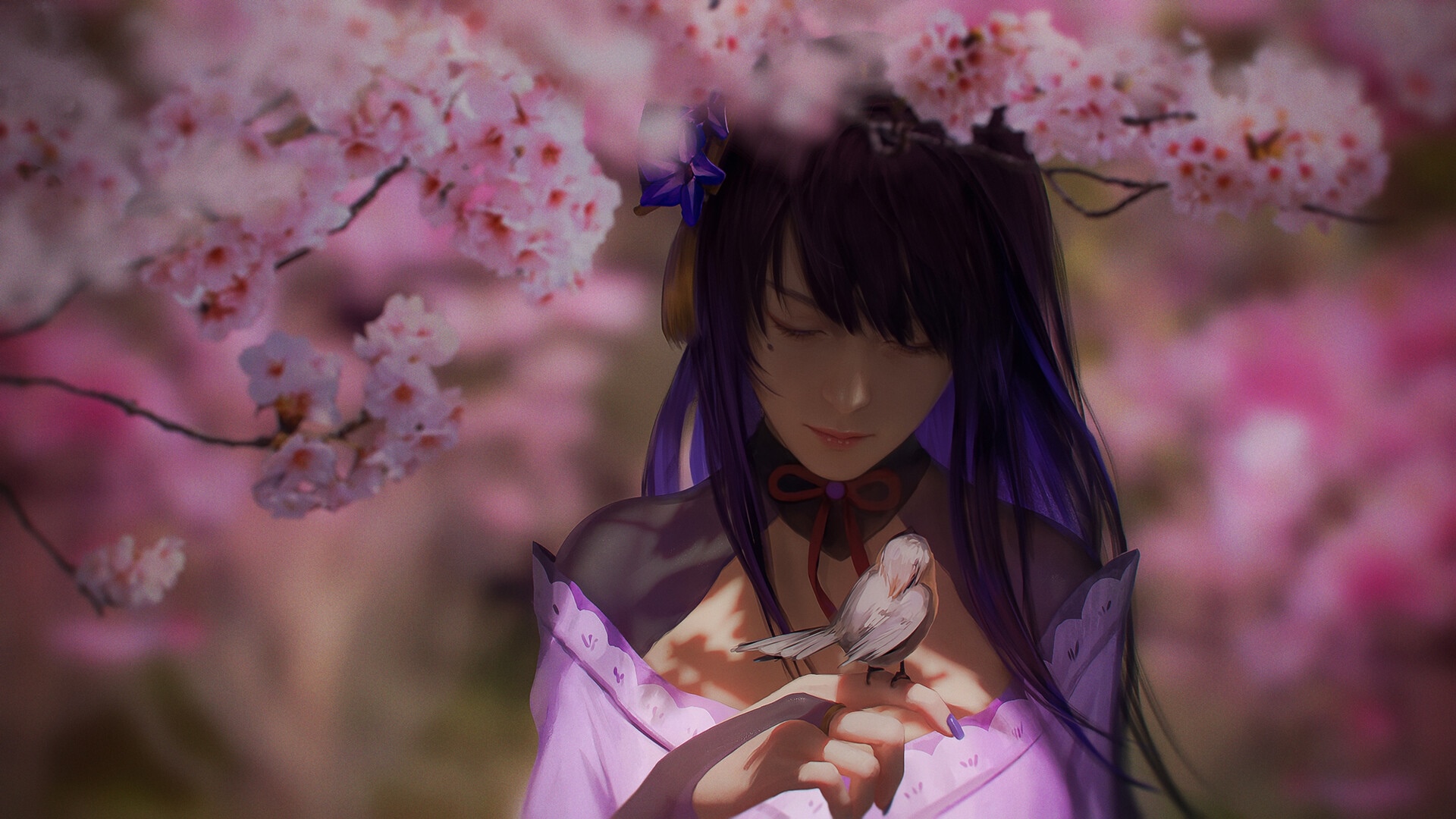 Raiden Shogun with a bird under cherry blossoms HD Wallpaper