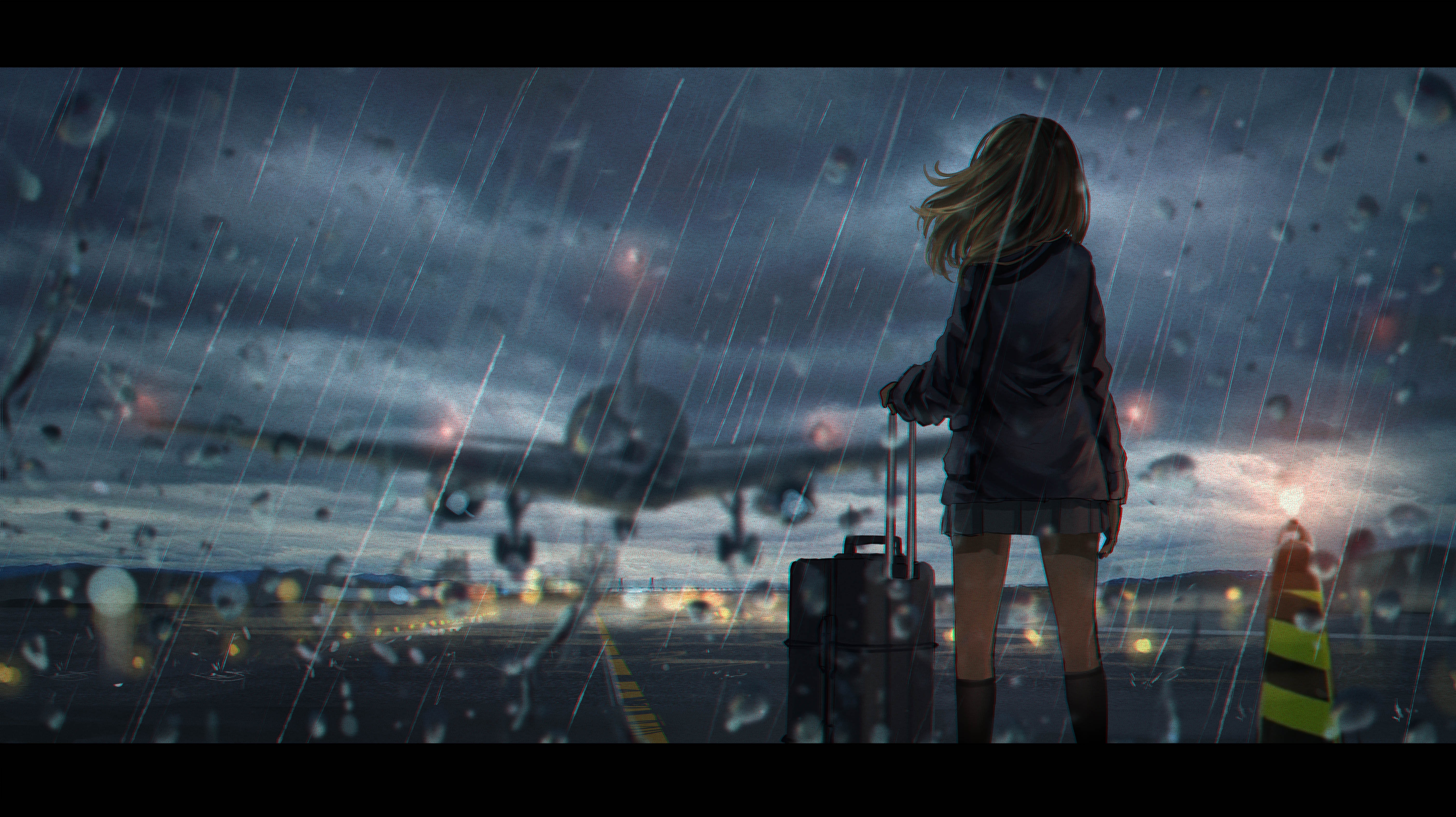 4K girl with suitcase on airport runway in rain HD Wallpaper