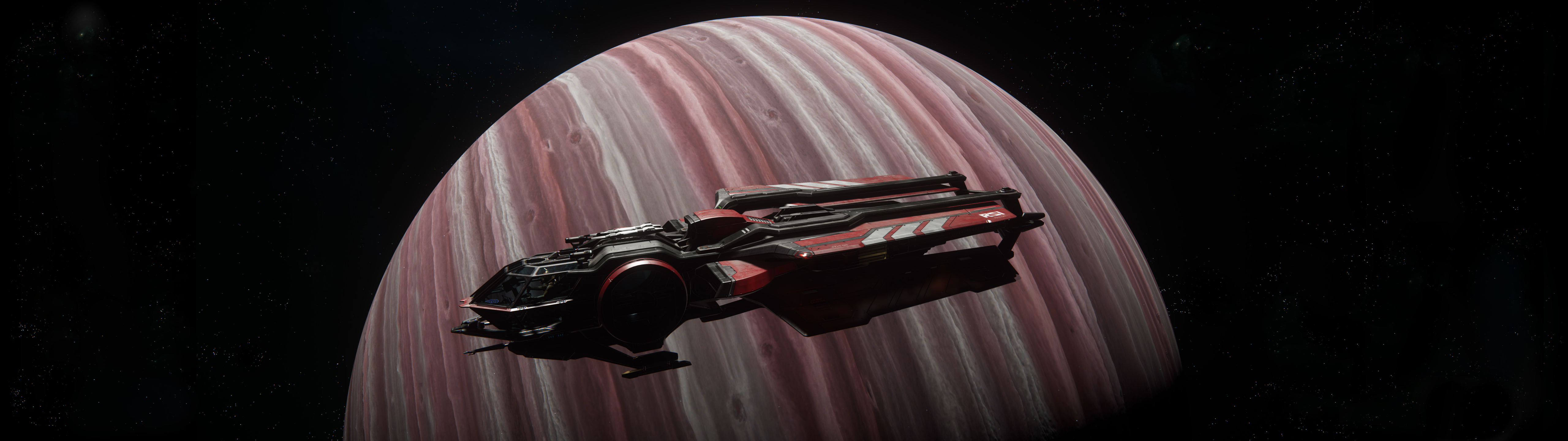 4K Star Citizen spaceship near a striped planet HD Wallpaper