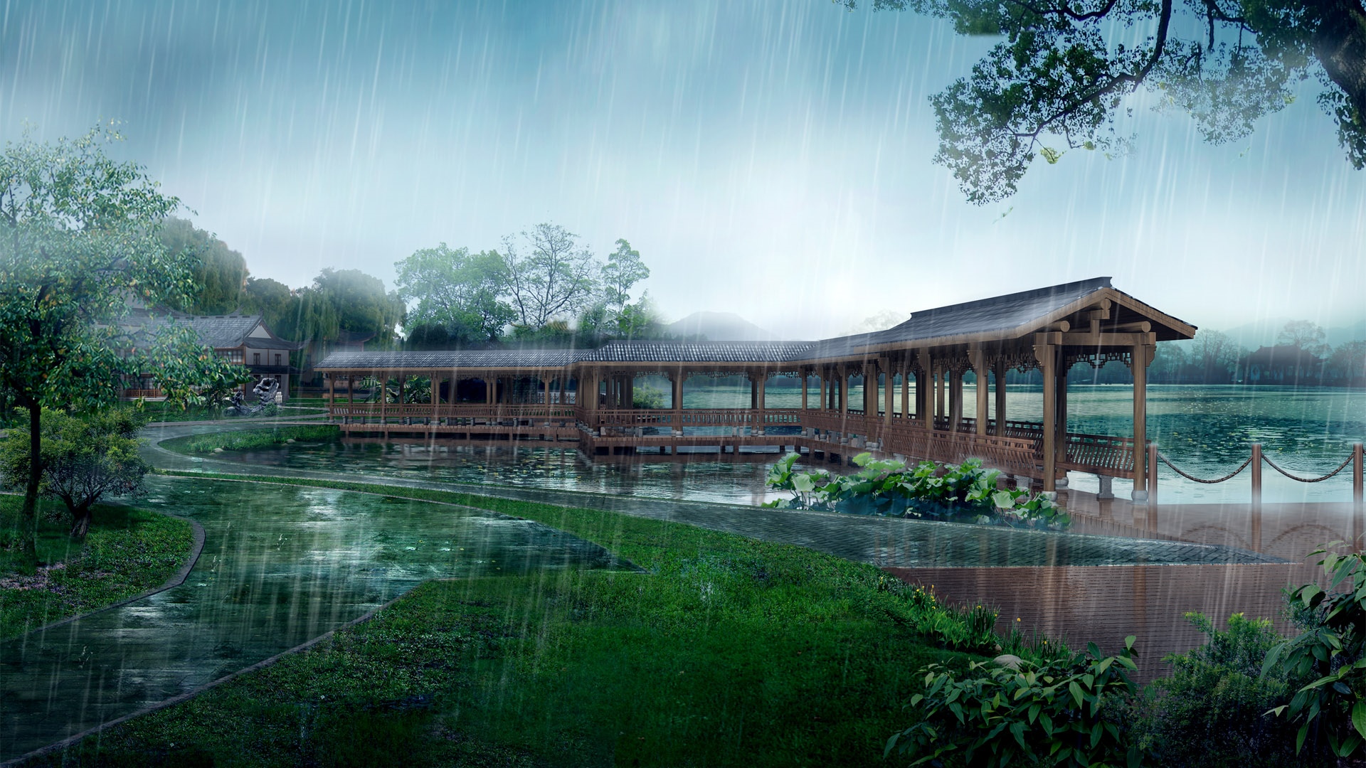 Wooden covered bridge over a pond during rain HD Wallpaper