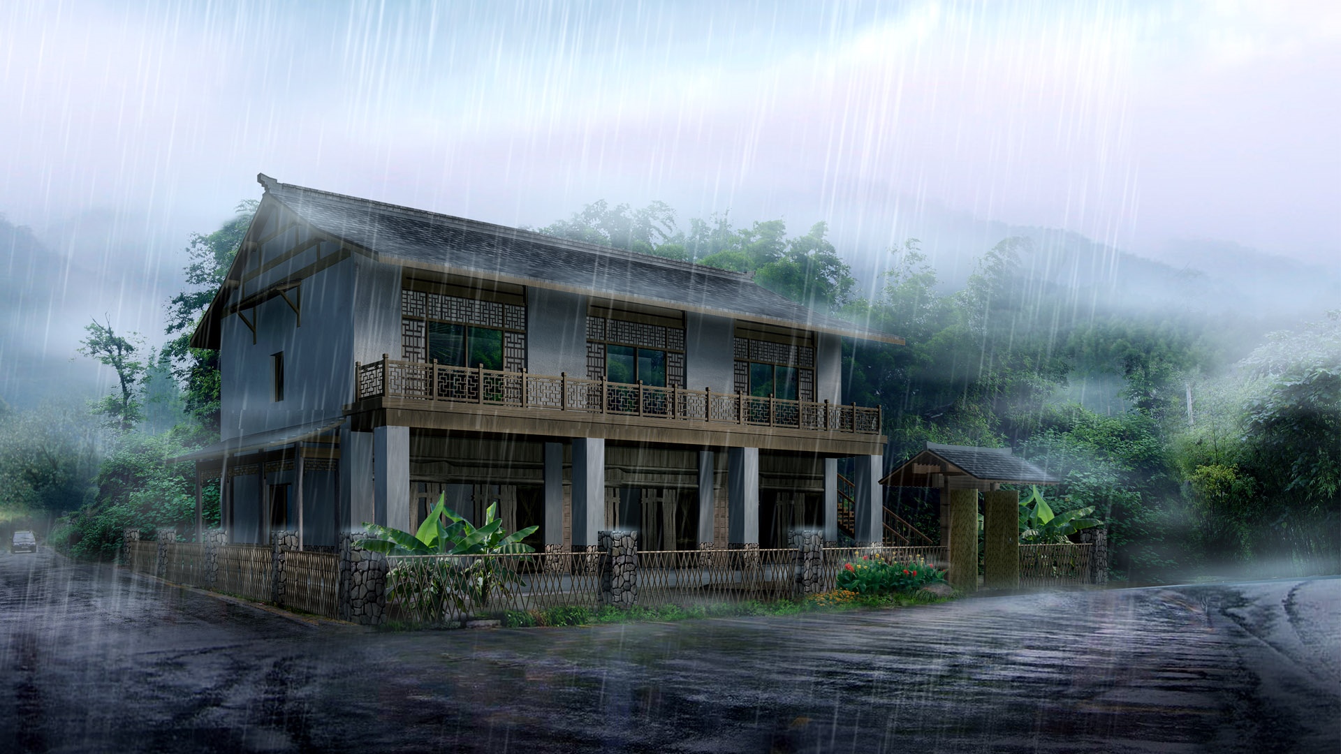 Building in the rain with trees and plants HD Wallpaper