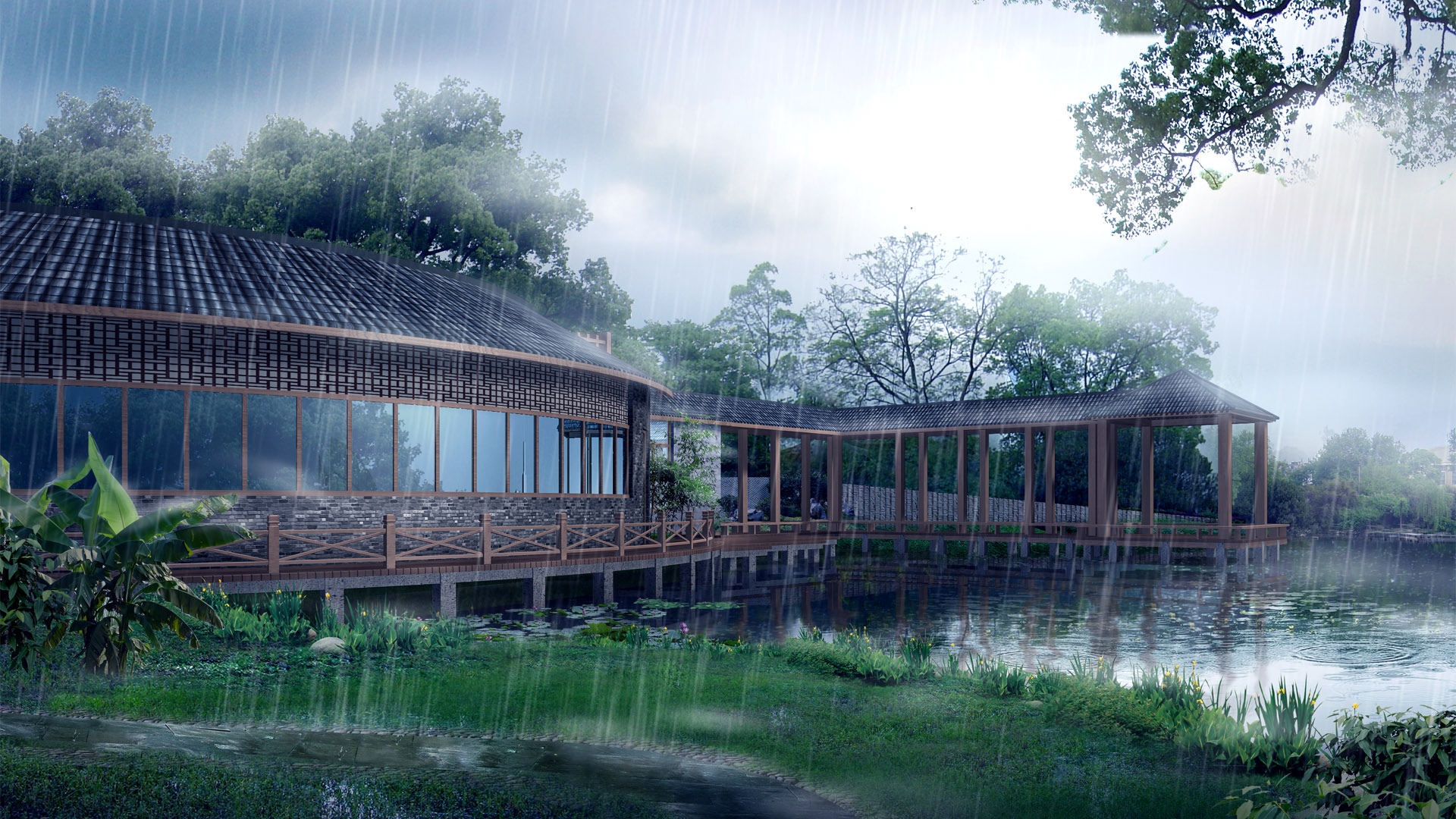 Building by the water in the rain HD Wallpaper