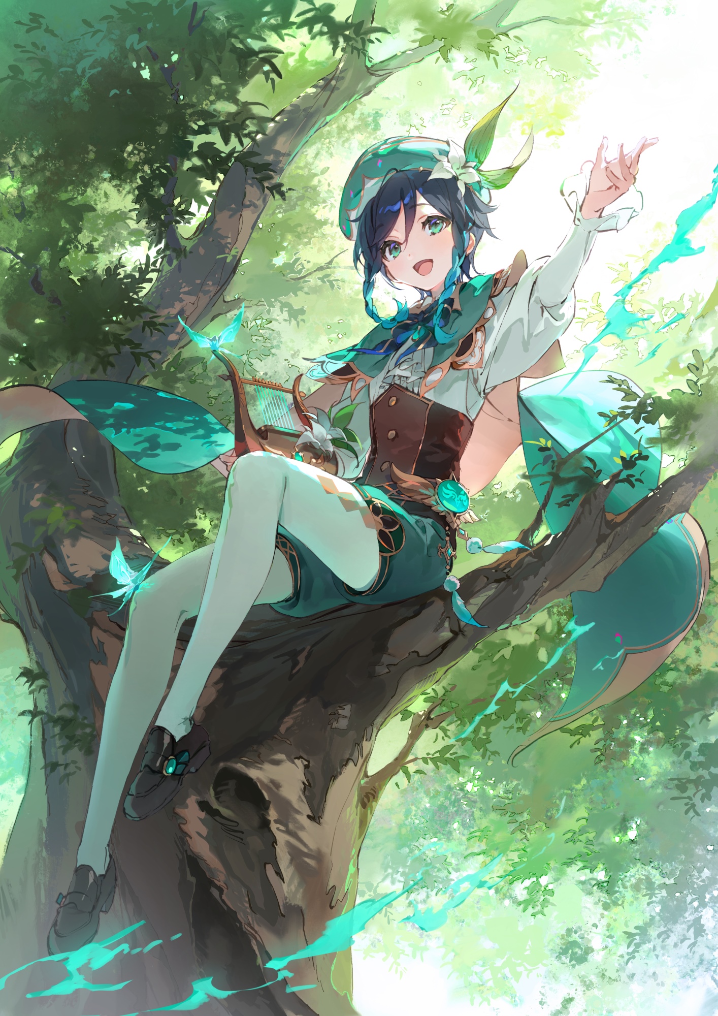 Venti from Genshin Impact sitting on a tree branch HD Phone Wallpaper