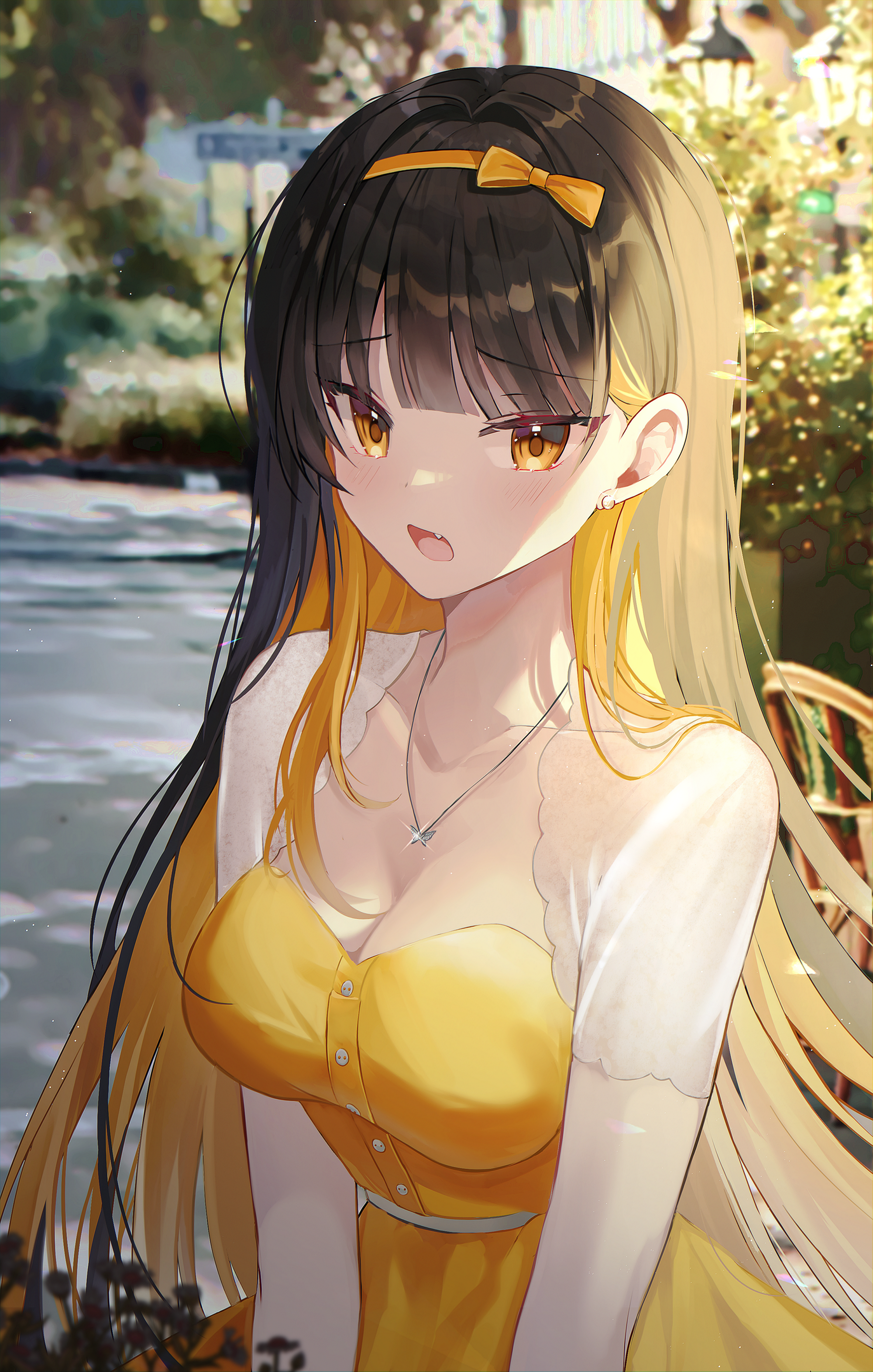 Anime girl with yellow dress and black and yellow hair HD Phone Wallpaper