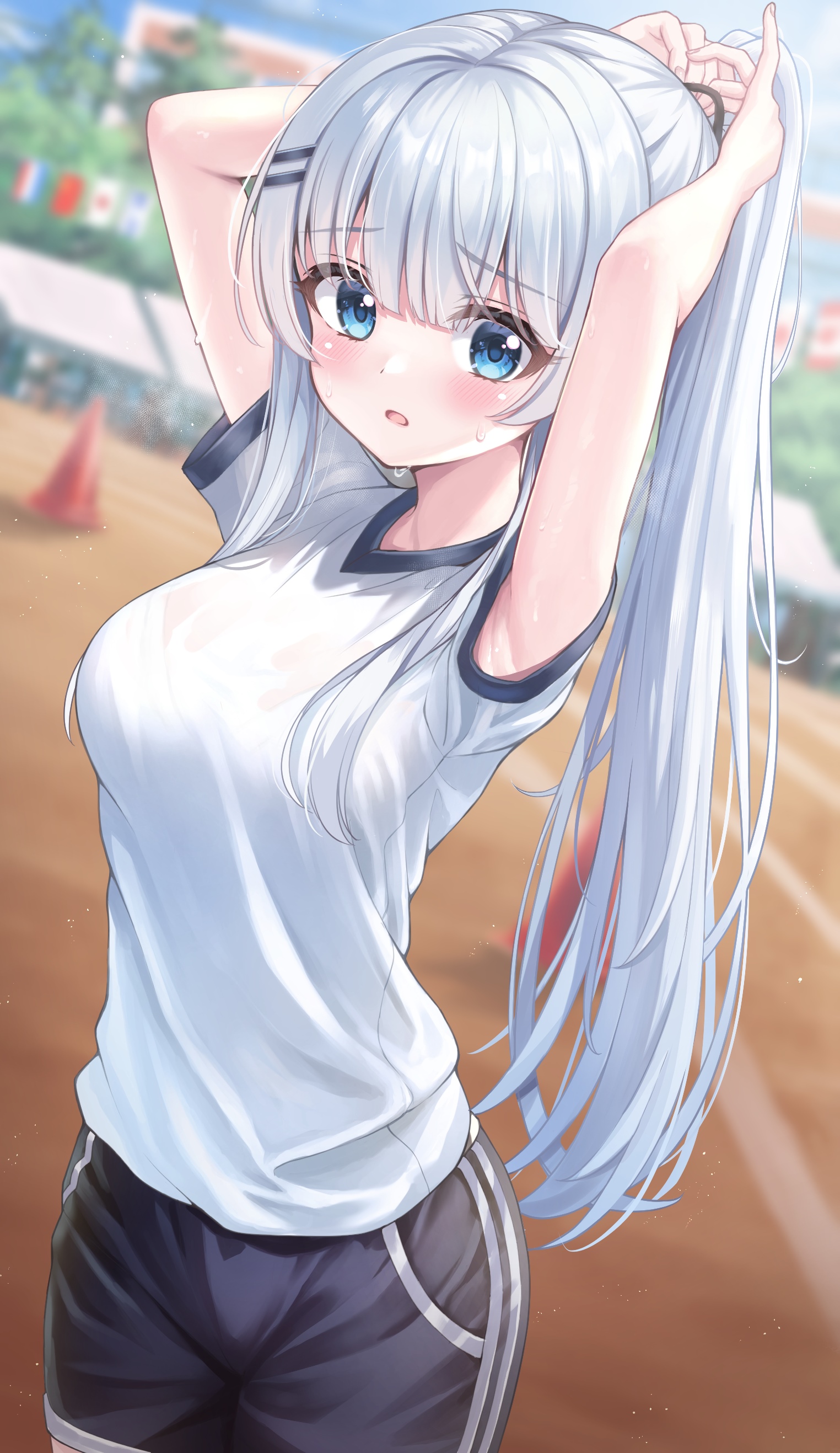 Anime girl with white hair in gym clothes HD Phone Wallpaper