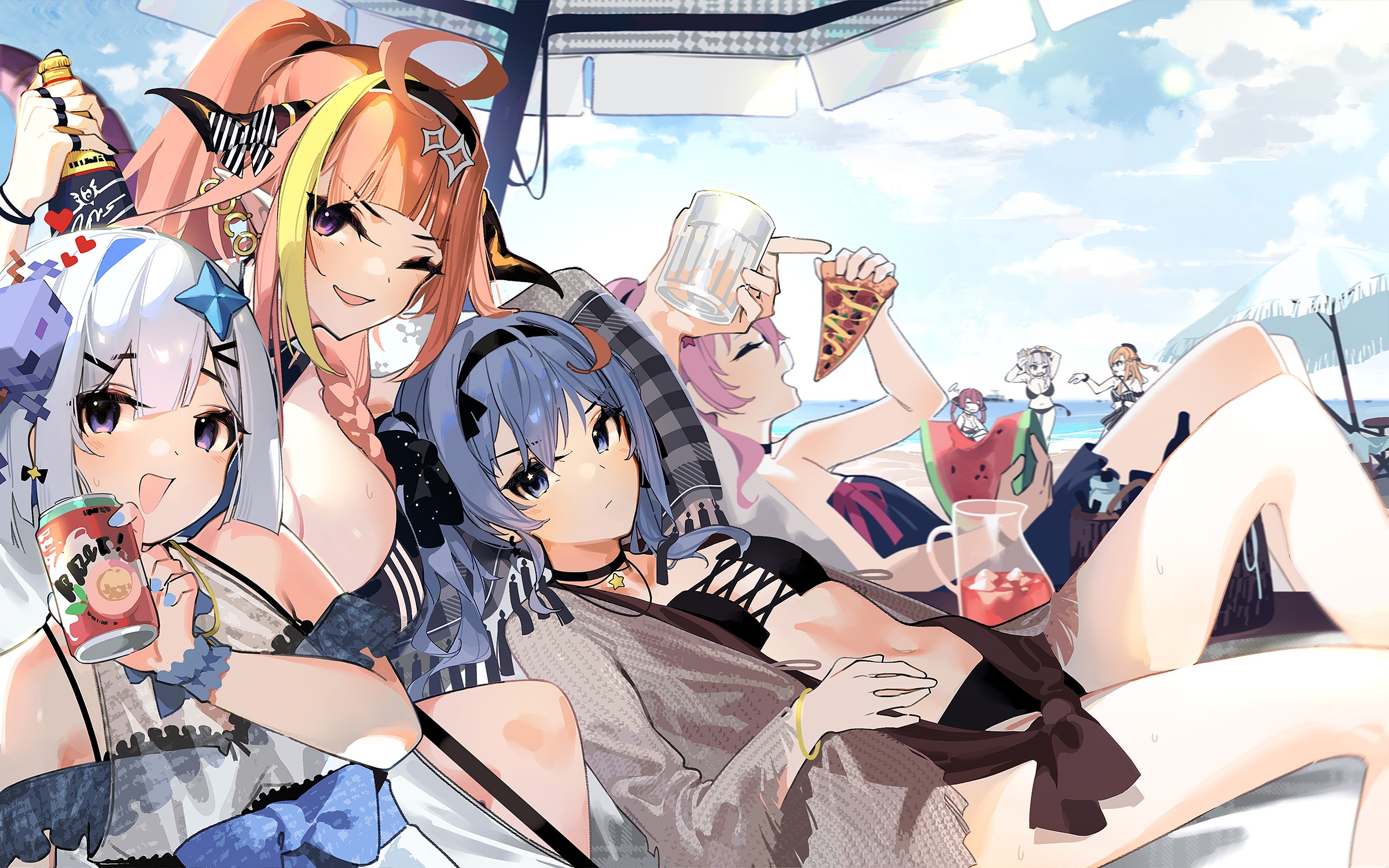 Anime girls enjoying pizza and soda at the beach HD Wallpaper