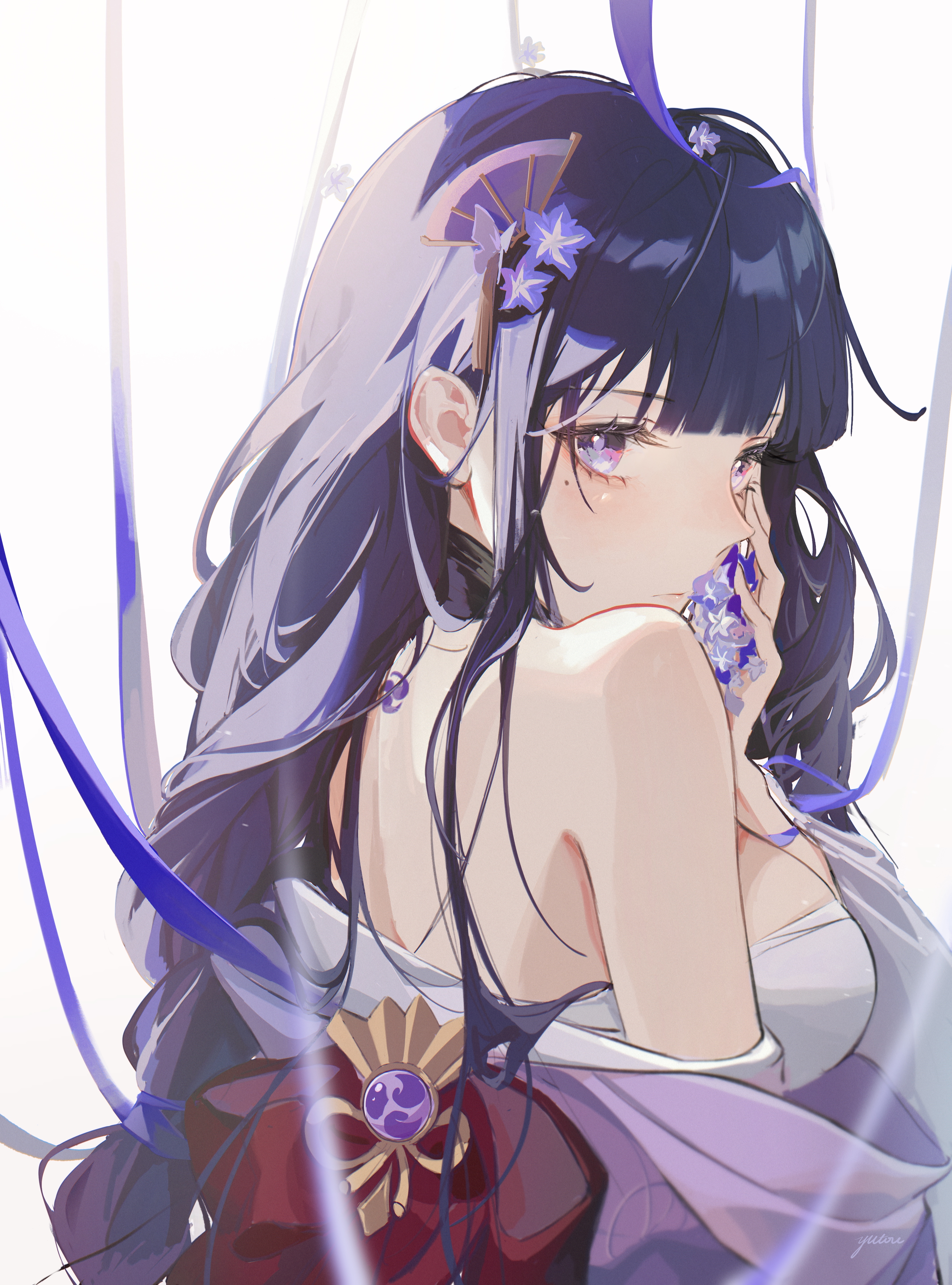 Raiden Shogun with purple hair and flowers in hair HD Phone Wallpaper