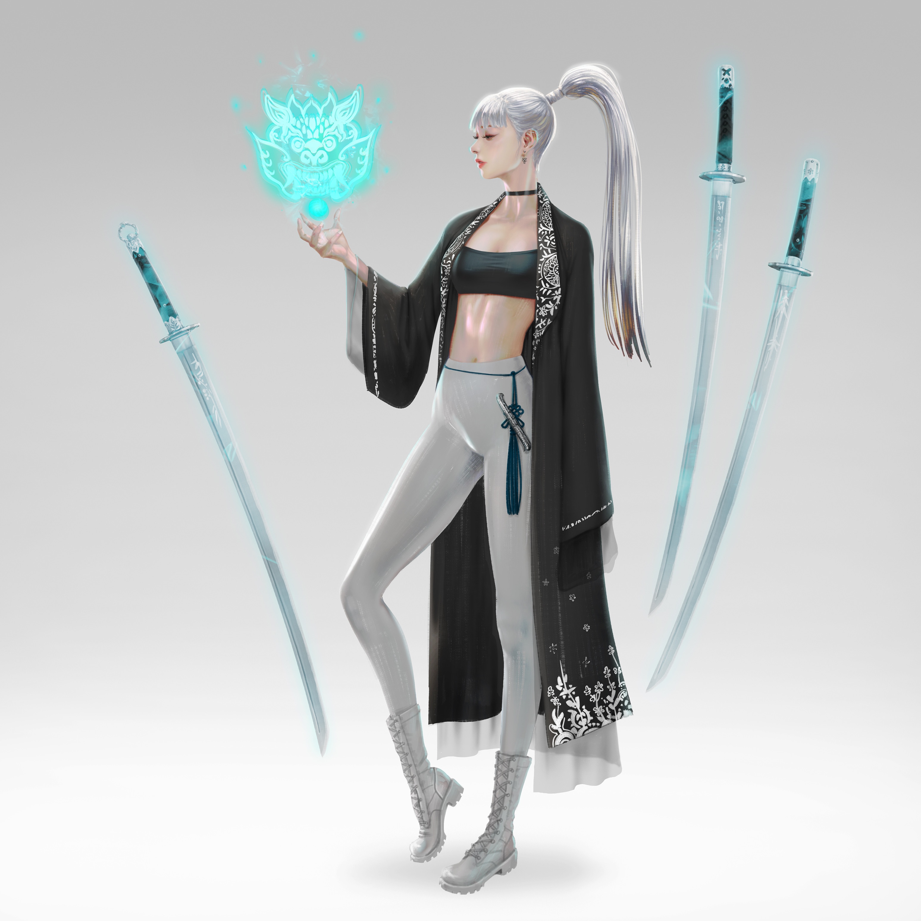Woman with silver hair and magic spell holding katanas HD Wallpaper