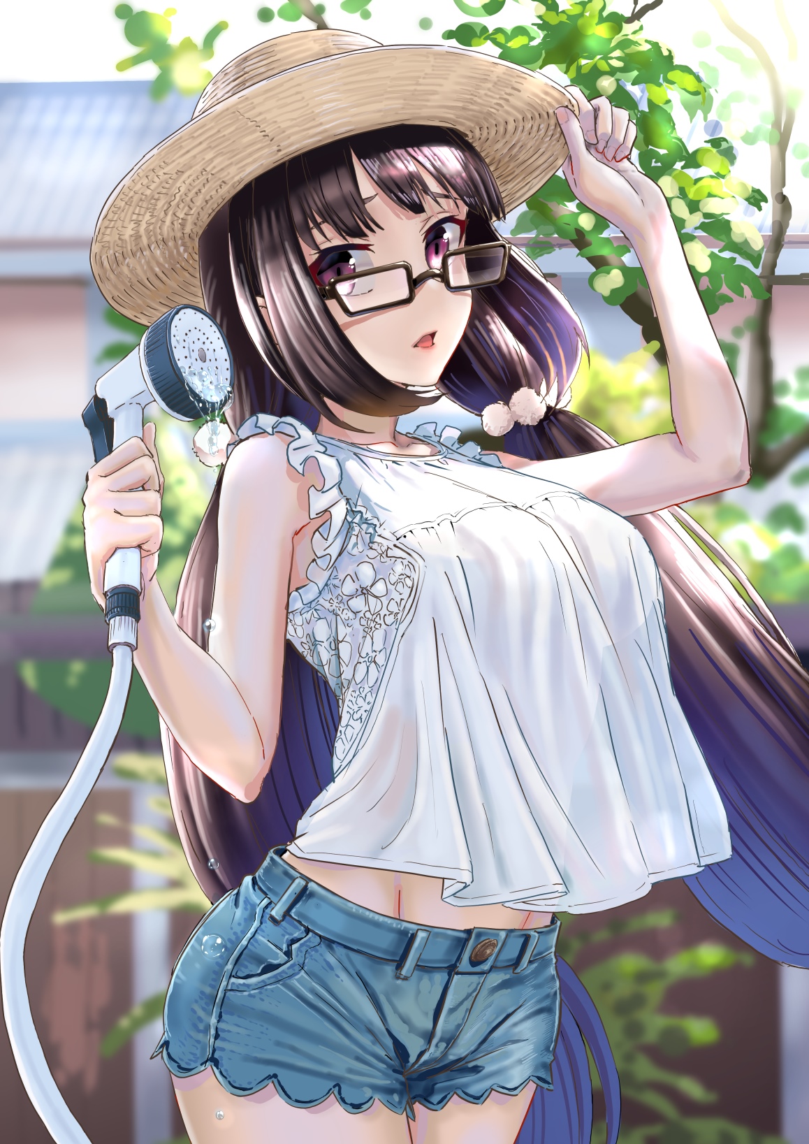 Osakabehime with a straw hat and glasses holding a hose HD Phone Wallpaper
